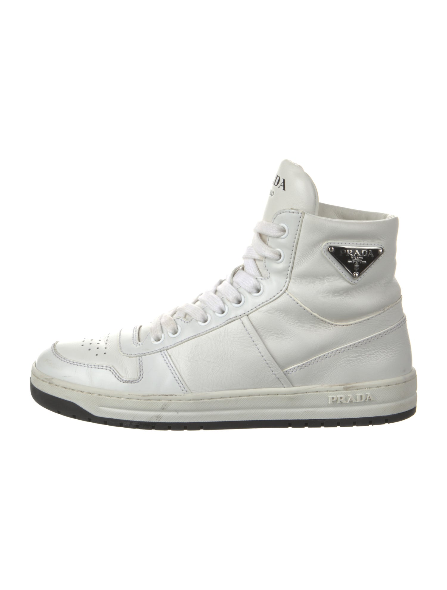 Prada Enameled Metal Triangle Leather Sneakers