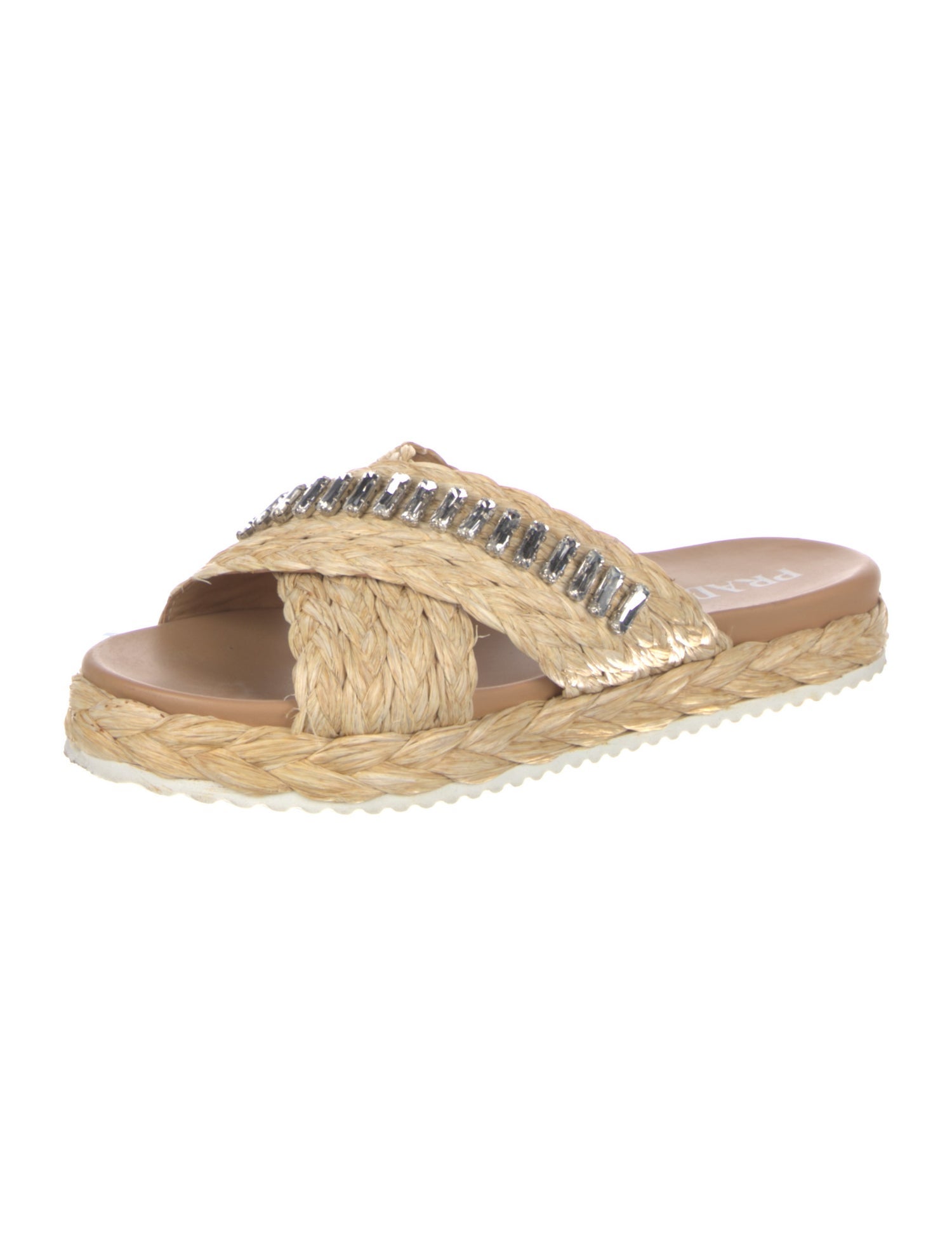 Prada Straw Crystal Embellishments Slides