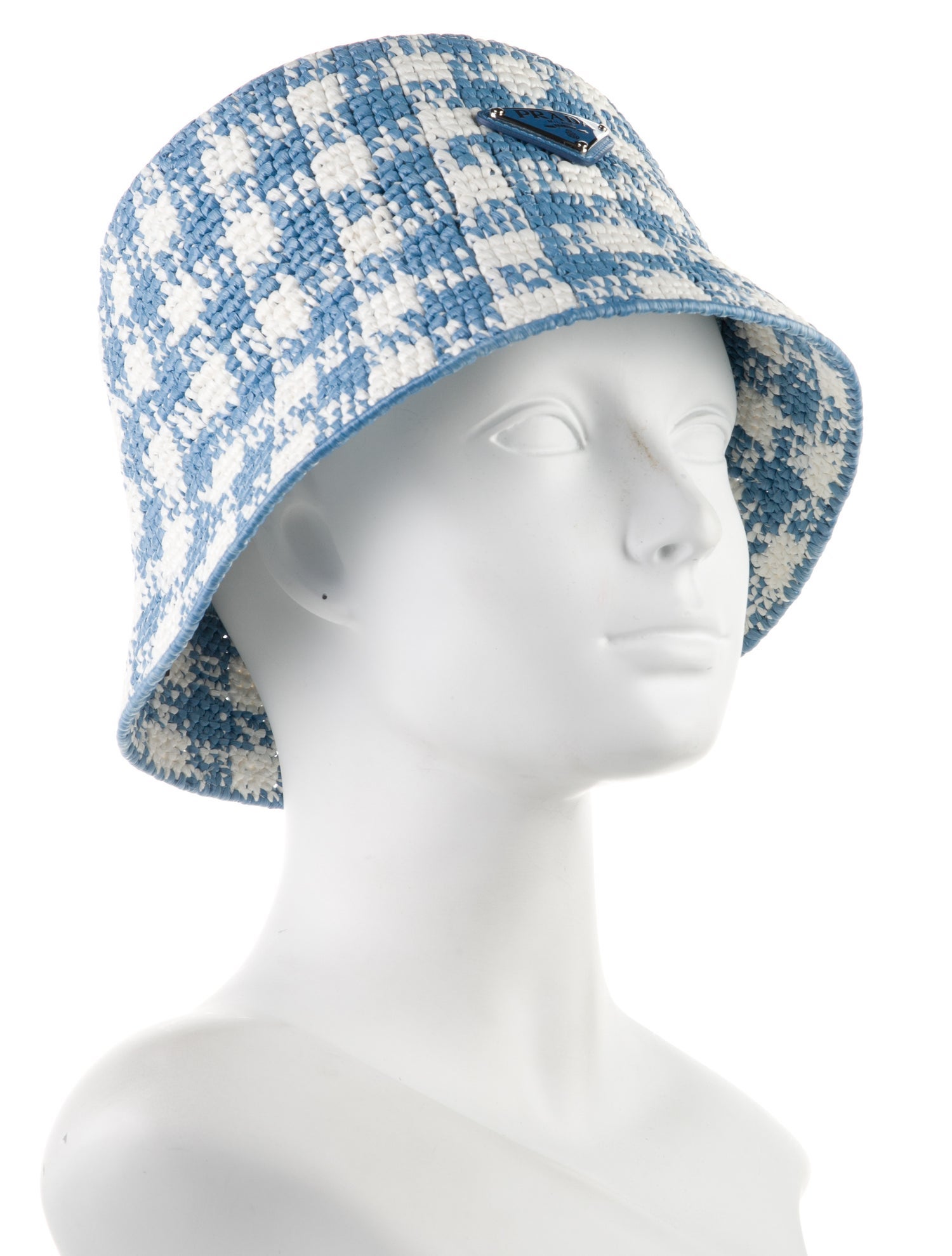 Prada Raffia Checkered Bucket Hat