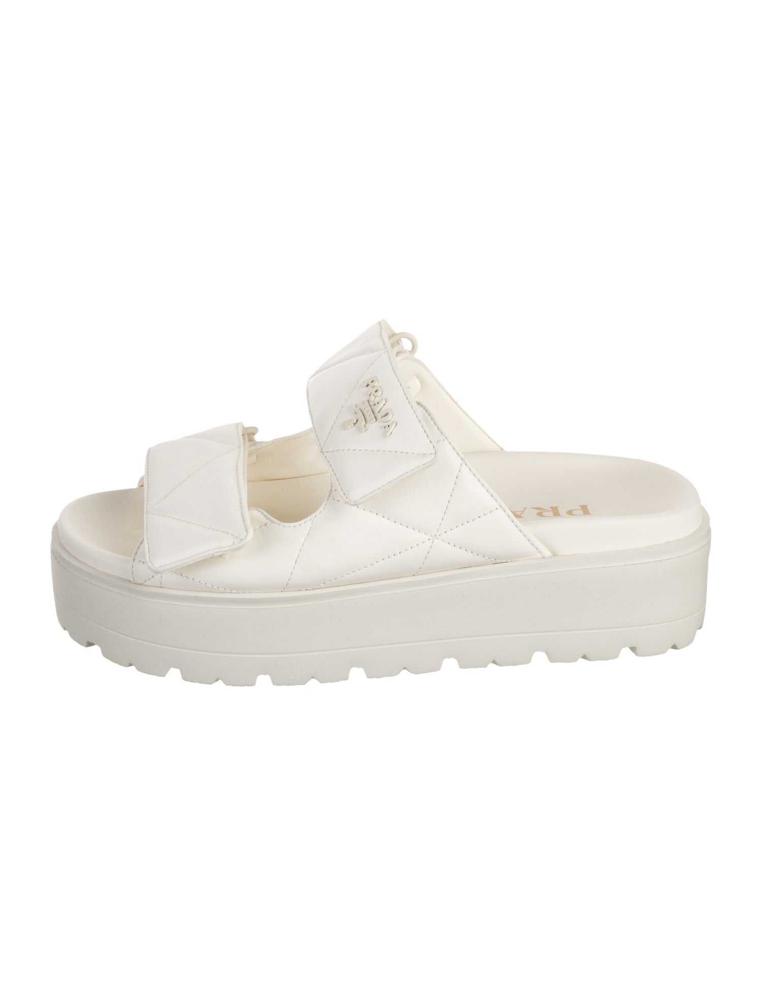 Prada Enameled Metal Triangle Leather Slides