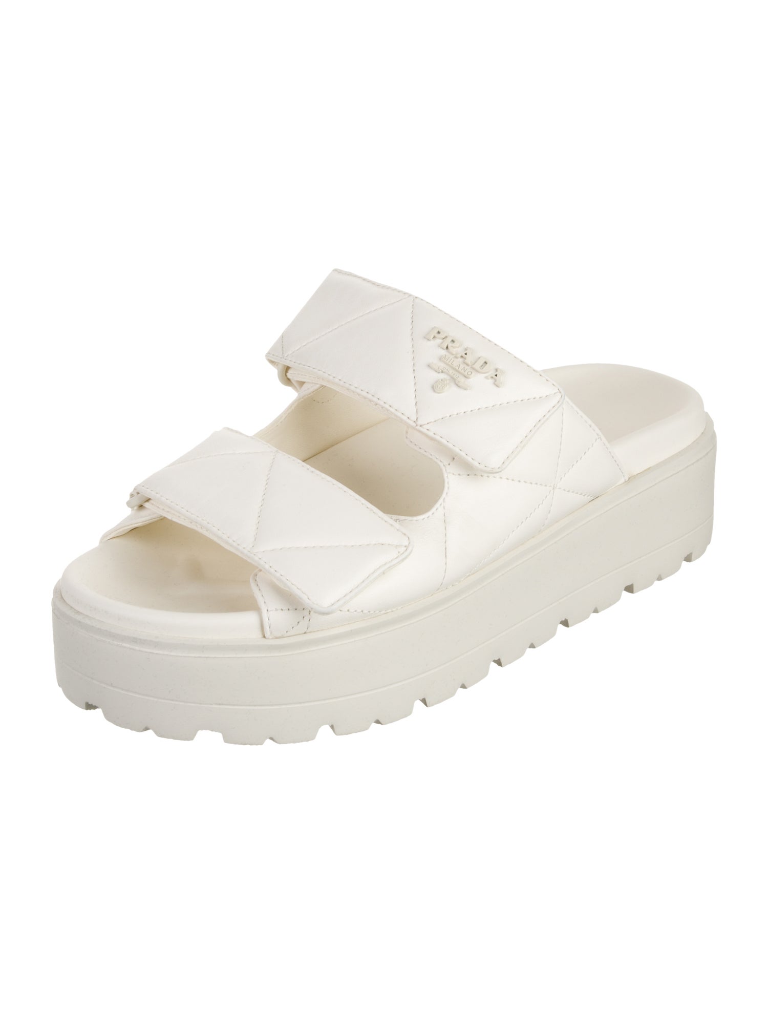 Prada Enameled Metal Triangle Leather Slides