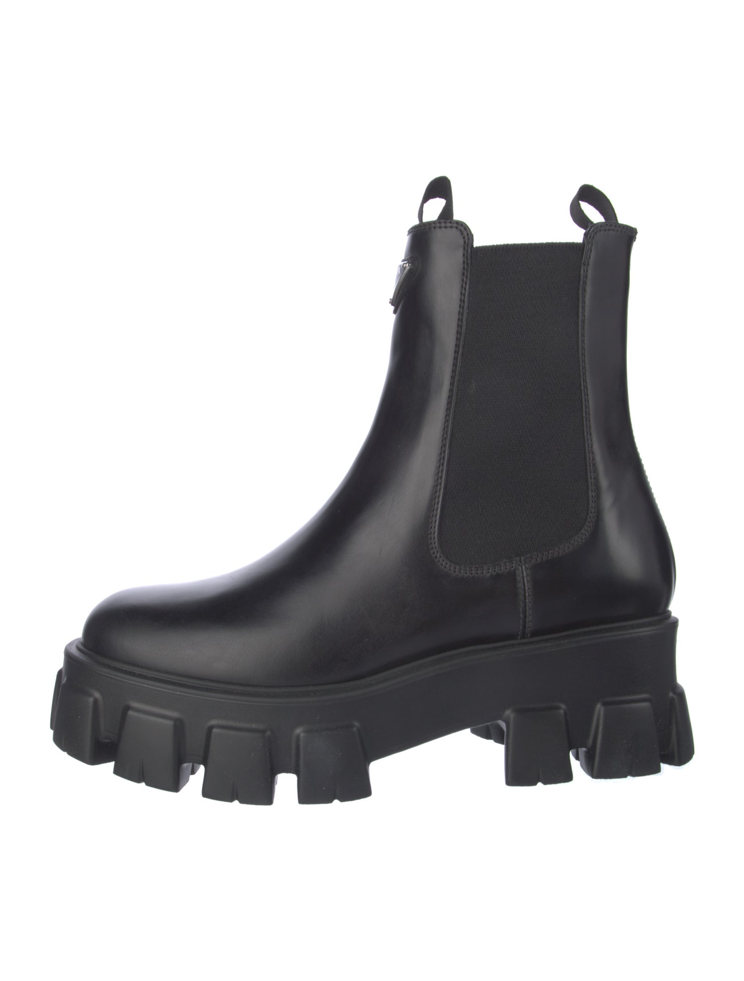 Prada Enameled Metal Triangle Leather Chelsea Boots