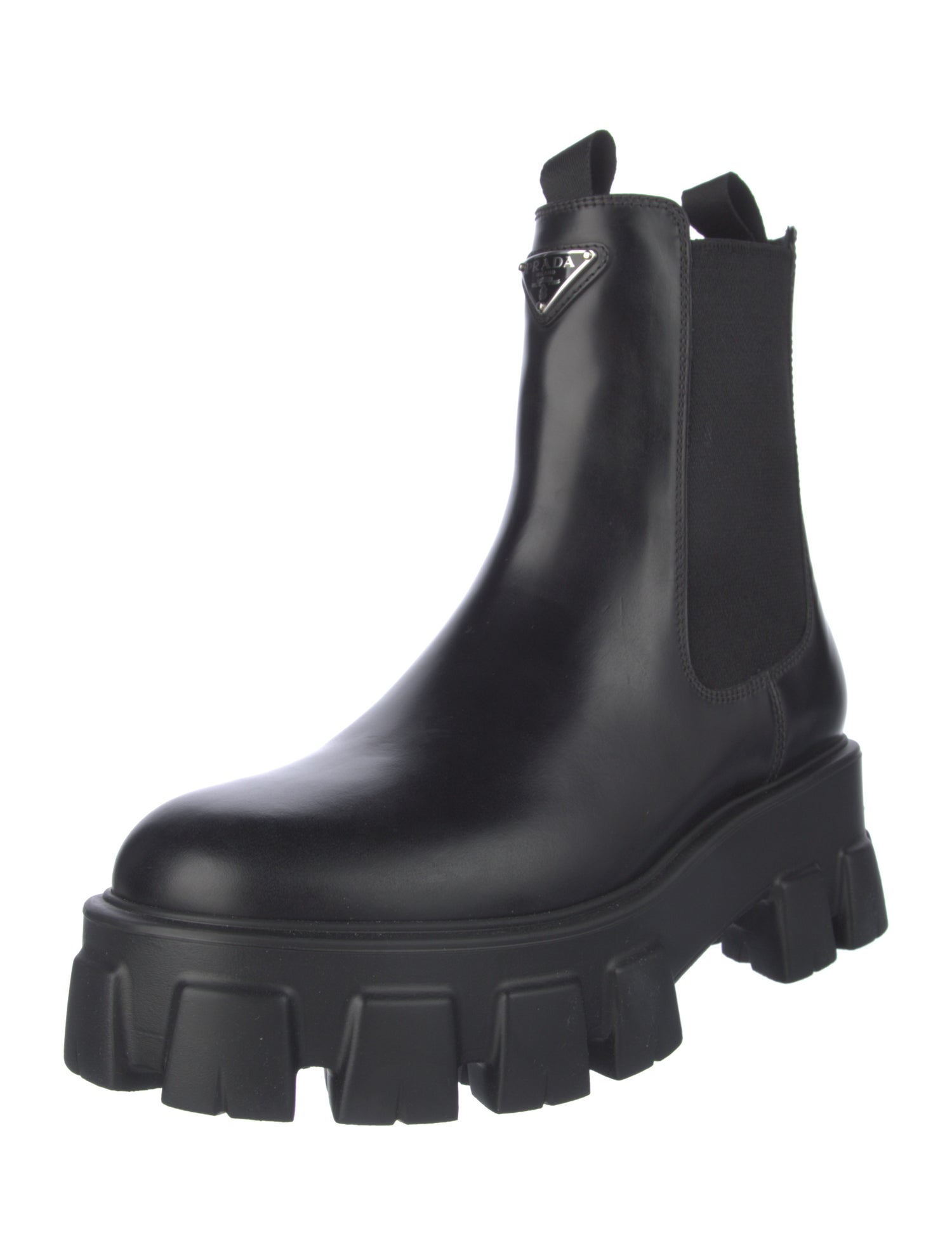 Prada Enameled Metal Triangle Leather Chelsea Boots