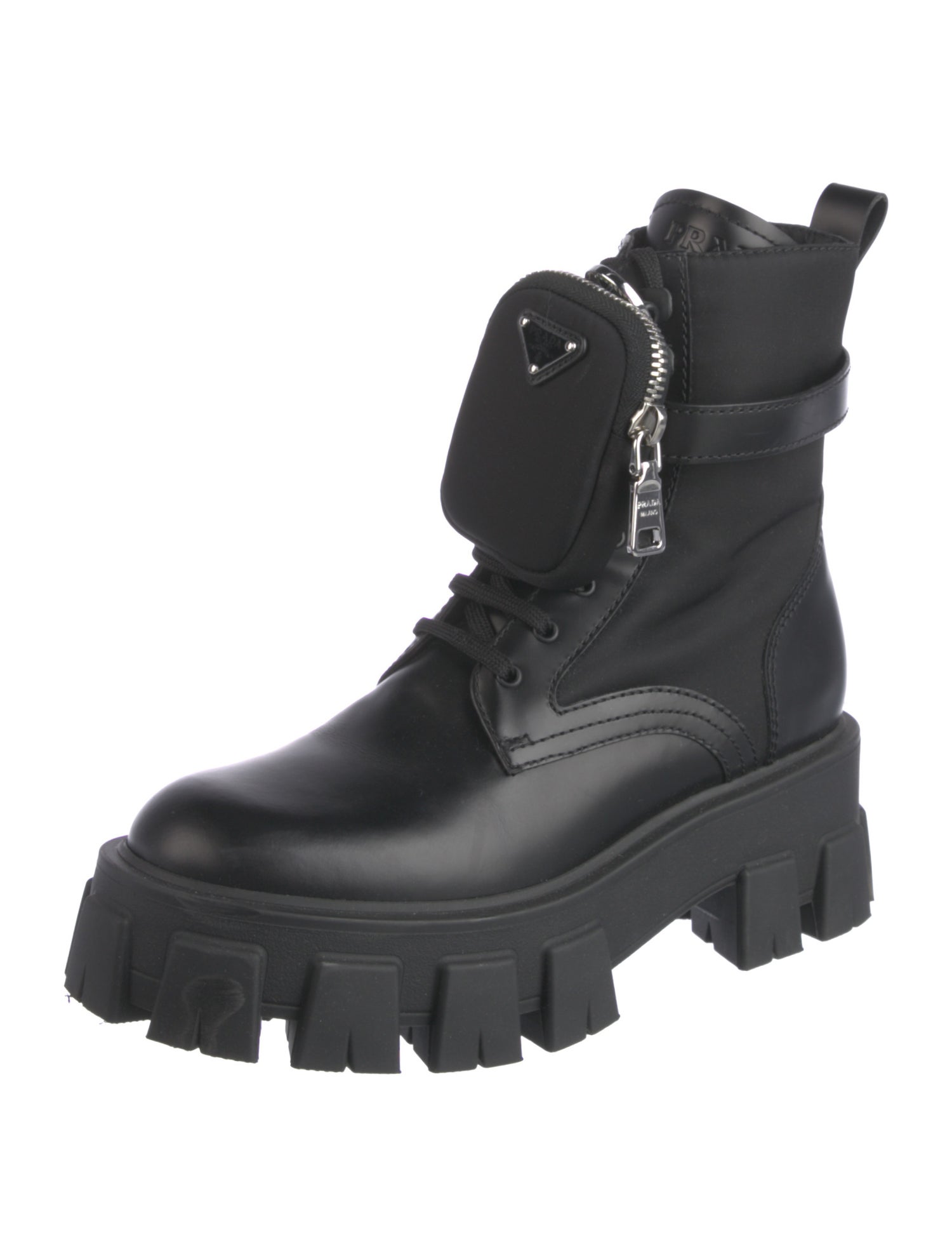 Prada Enameled Metal Triangle Leather Combat Boots