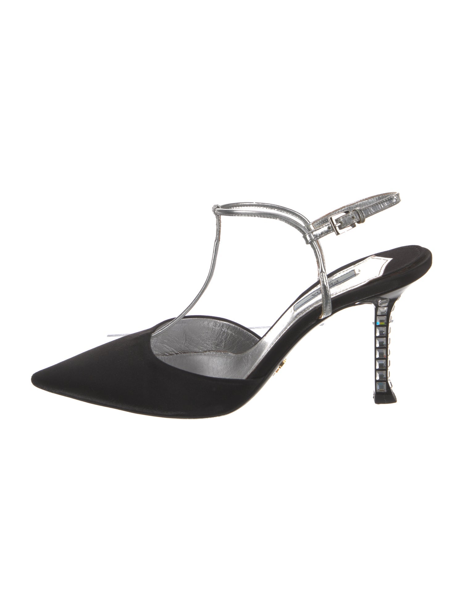 Prada Satin Crystal Embellishments T-Strap Pumps