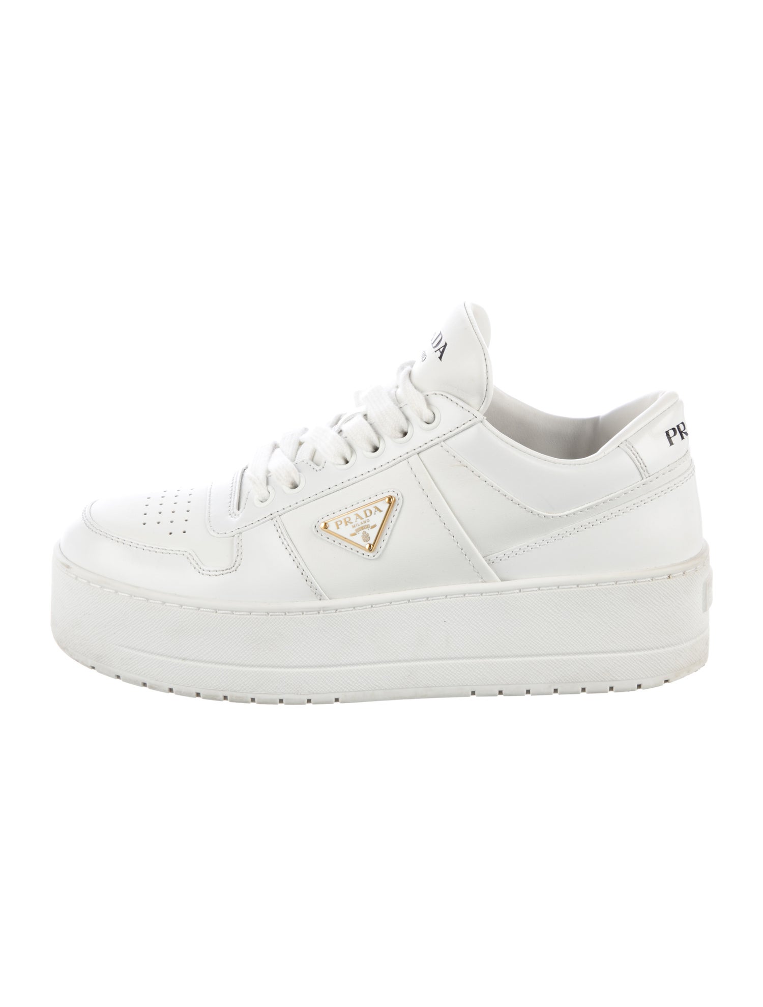 Prada Enameled Metal Triangle Leather Sneakers