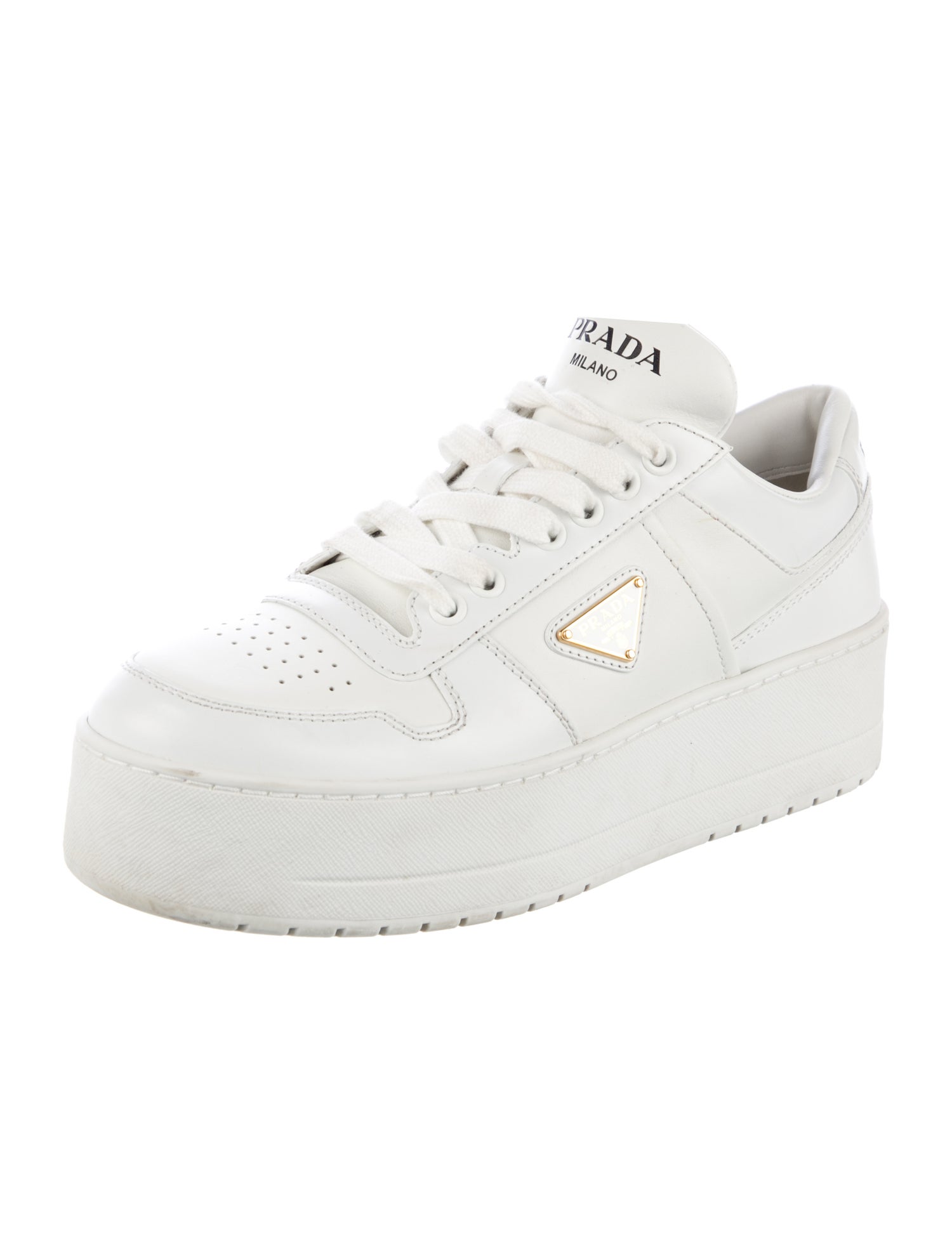 Prada Enameled Metal Triangle Leather Sneakers