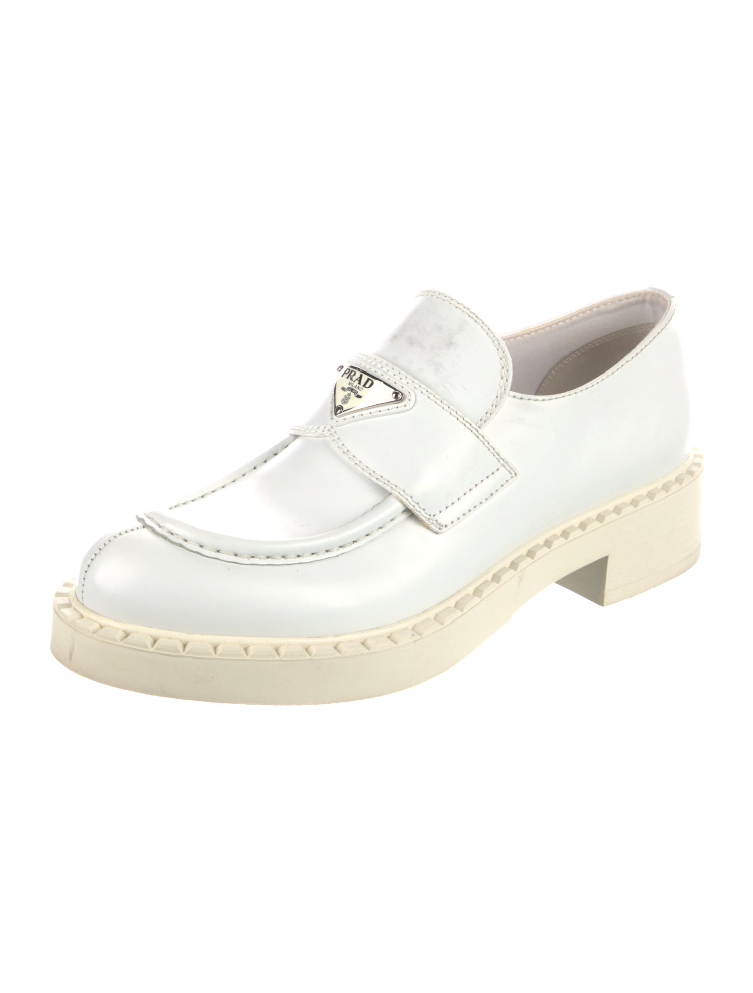 Prada Enameled Metal Triangle Patent Leather Loafers