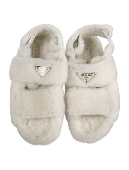 Prada Enameled Metal Triangle Shearling Slingback Sandals