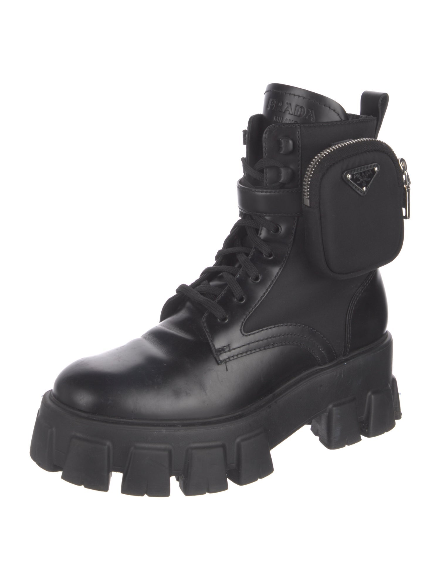 Prada Signature Logo Leather Combat Boots