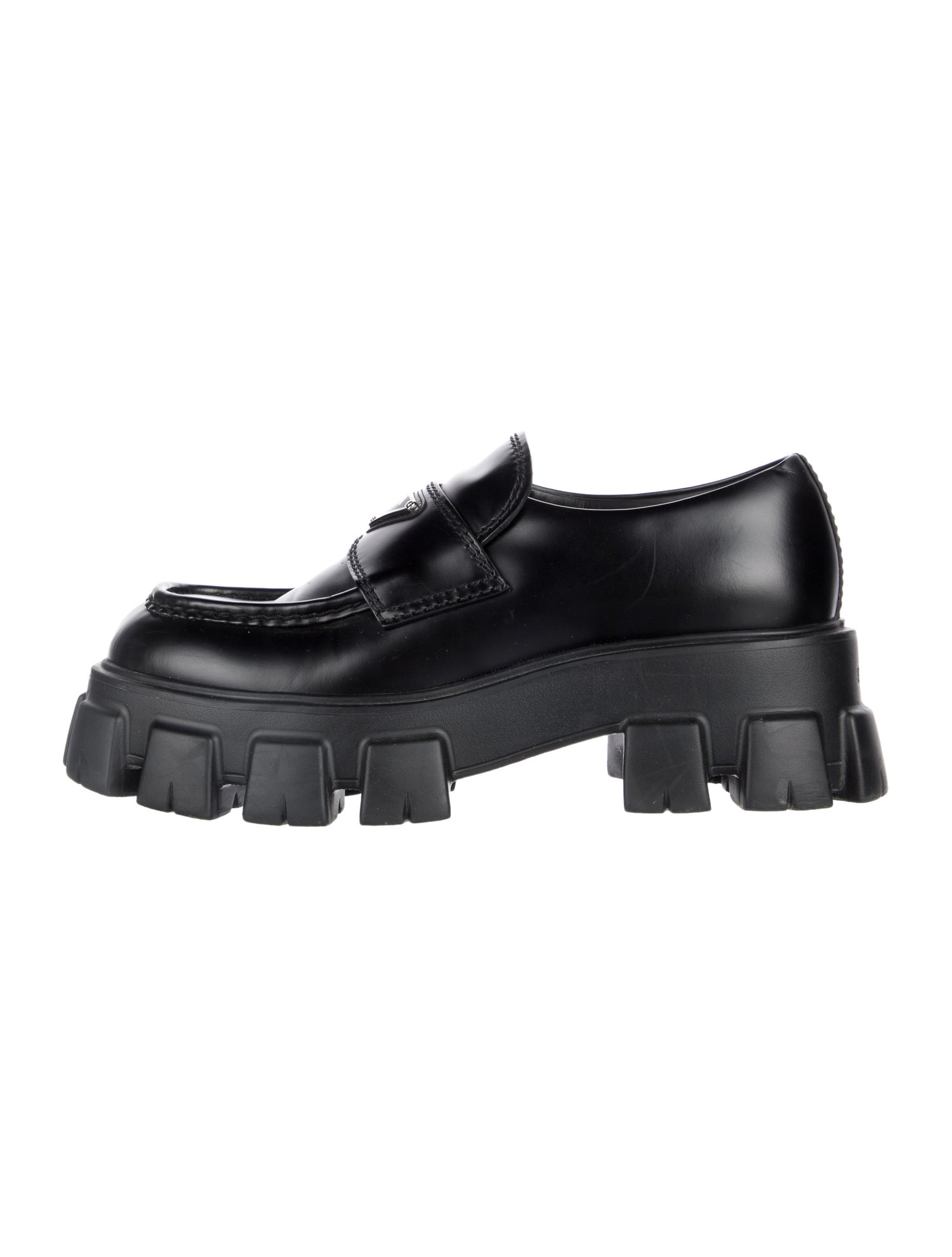 Prada Enameled Metal Triangle Leather Loafers