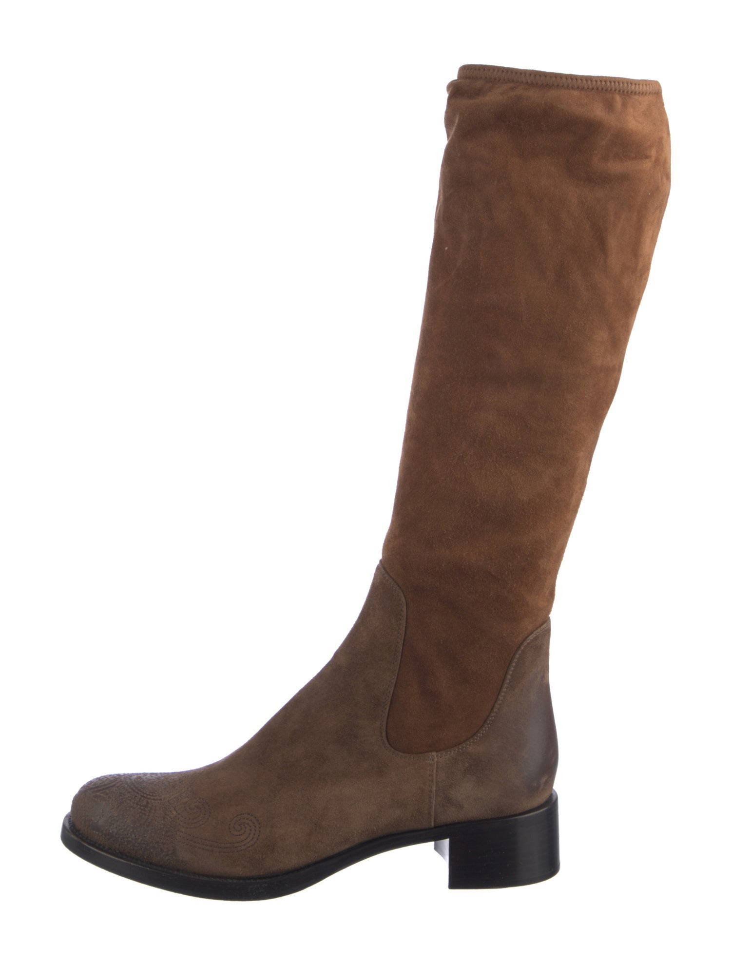 Prada Suede Embroidered Accent Riding Boots