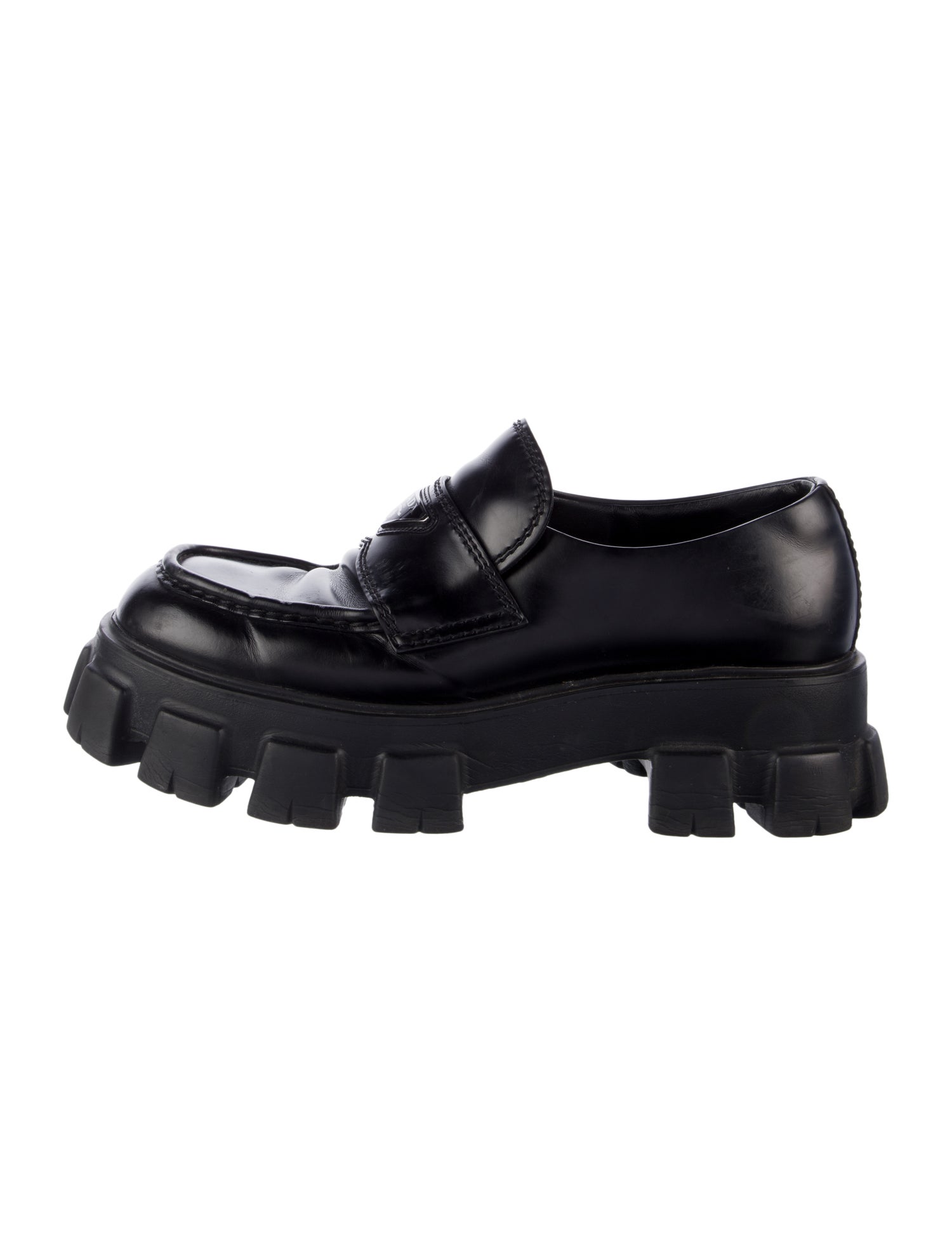 Prada Enameled Metal Triangle Leather Dress Loafers