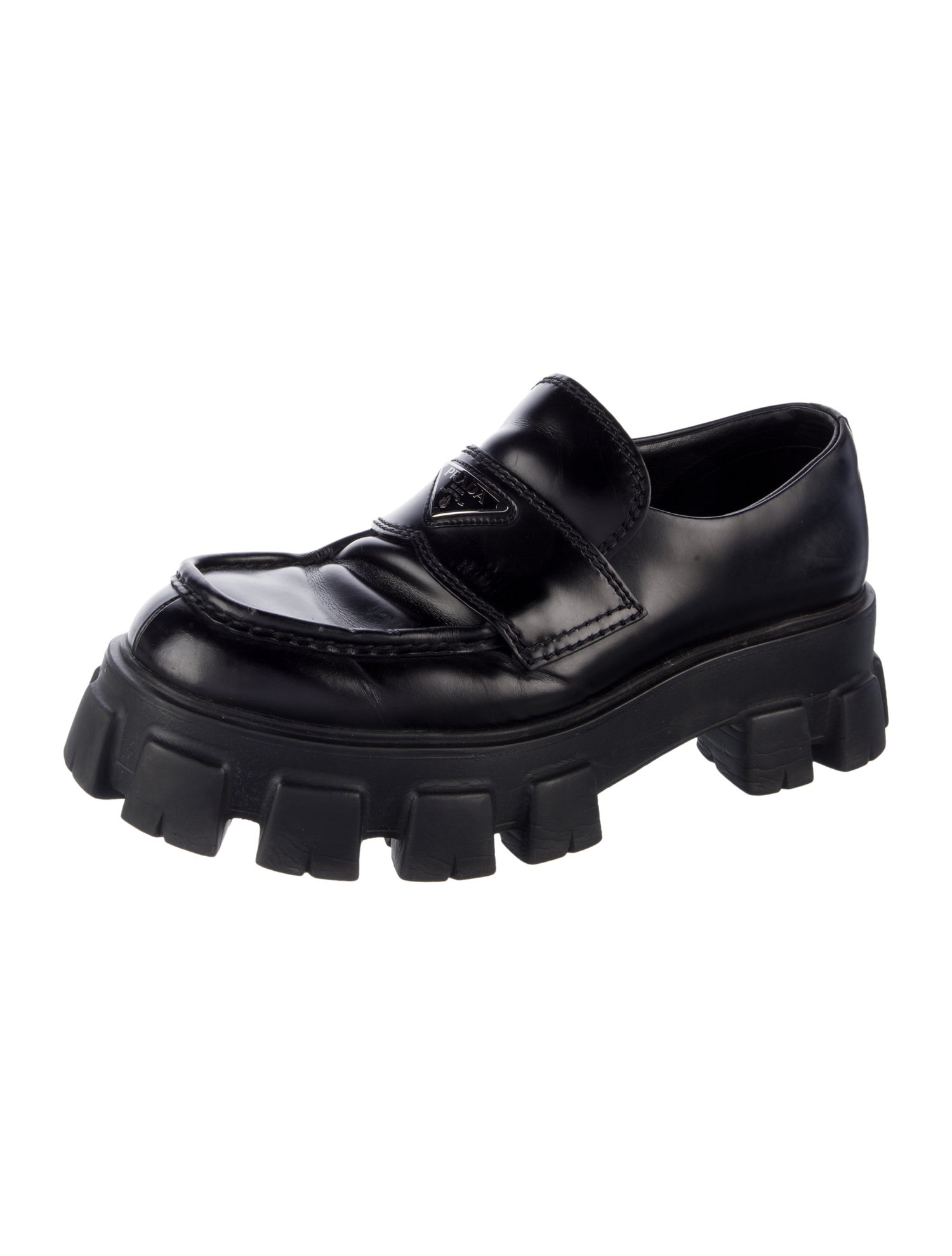 Prada Enameled Metal Triangle Leather Dress Loafers
