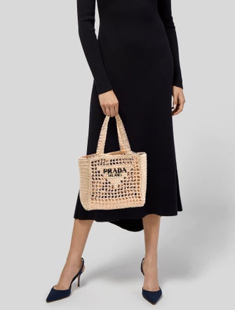 Prada Raffia Grass Raffia Logo Tote Small