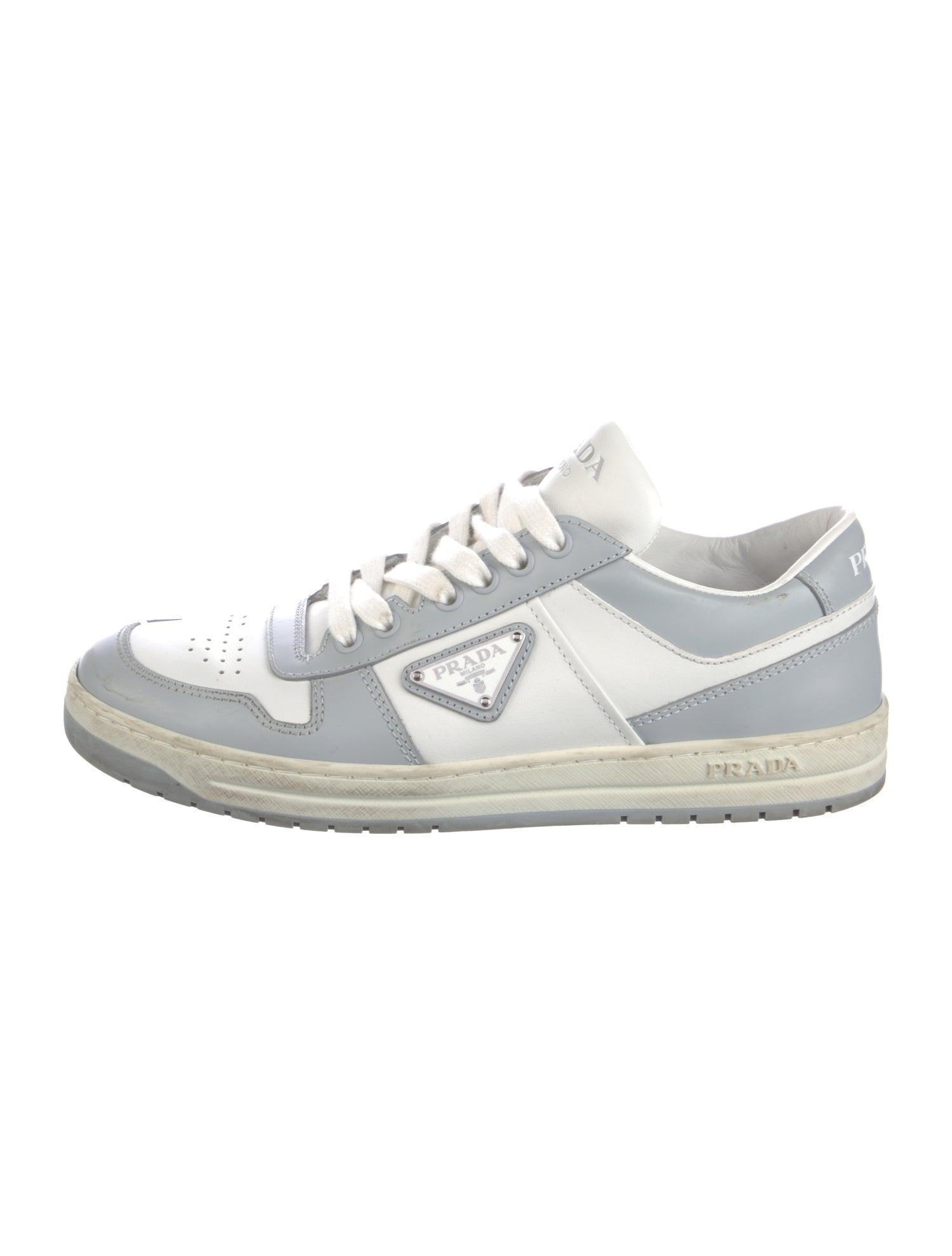 Prada Enameled Metal Triangle Leather Sneakers