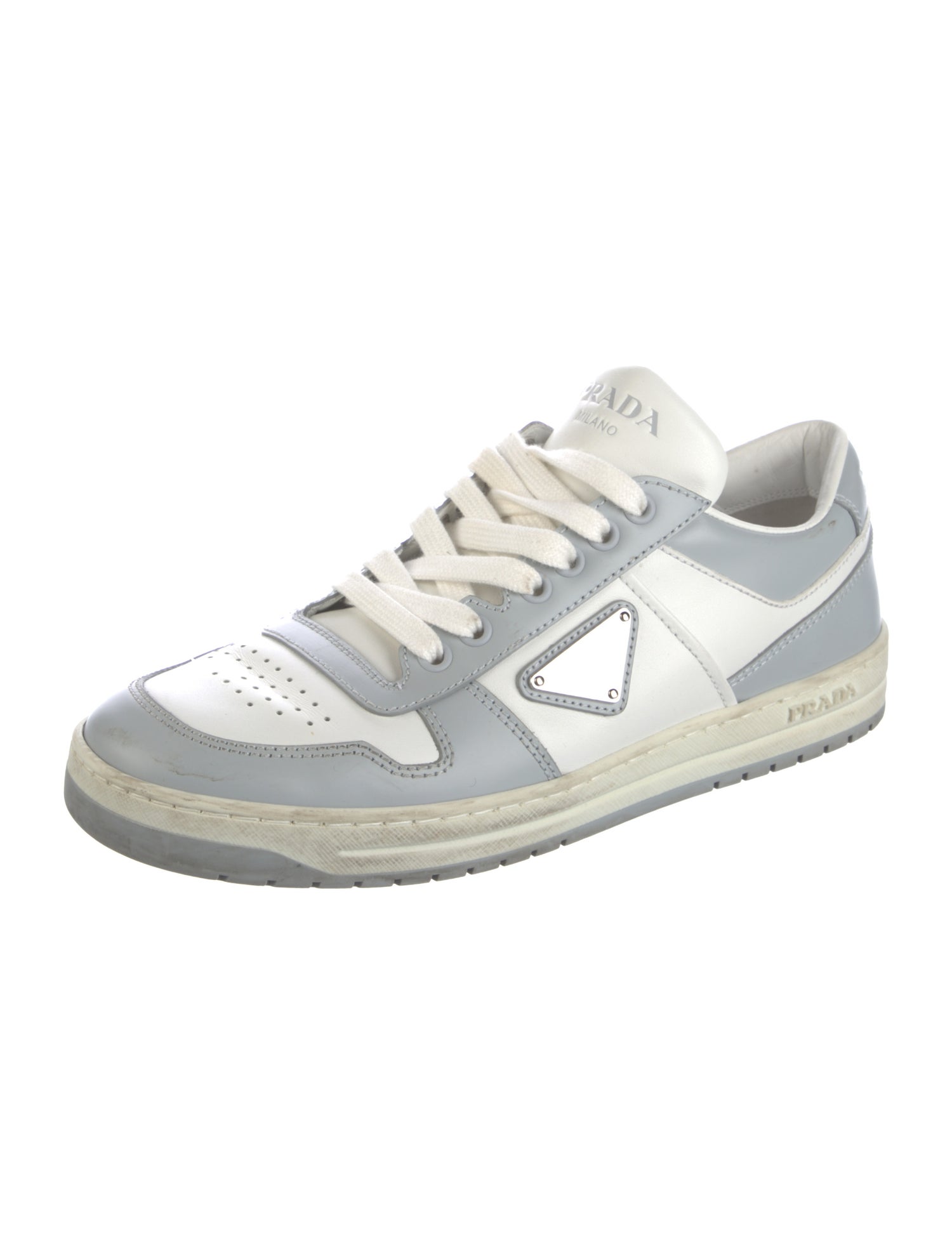 Prada Enameled Metal Triangle Leather Sneakers