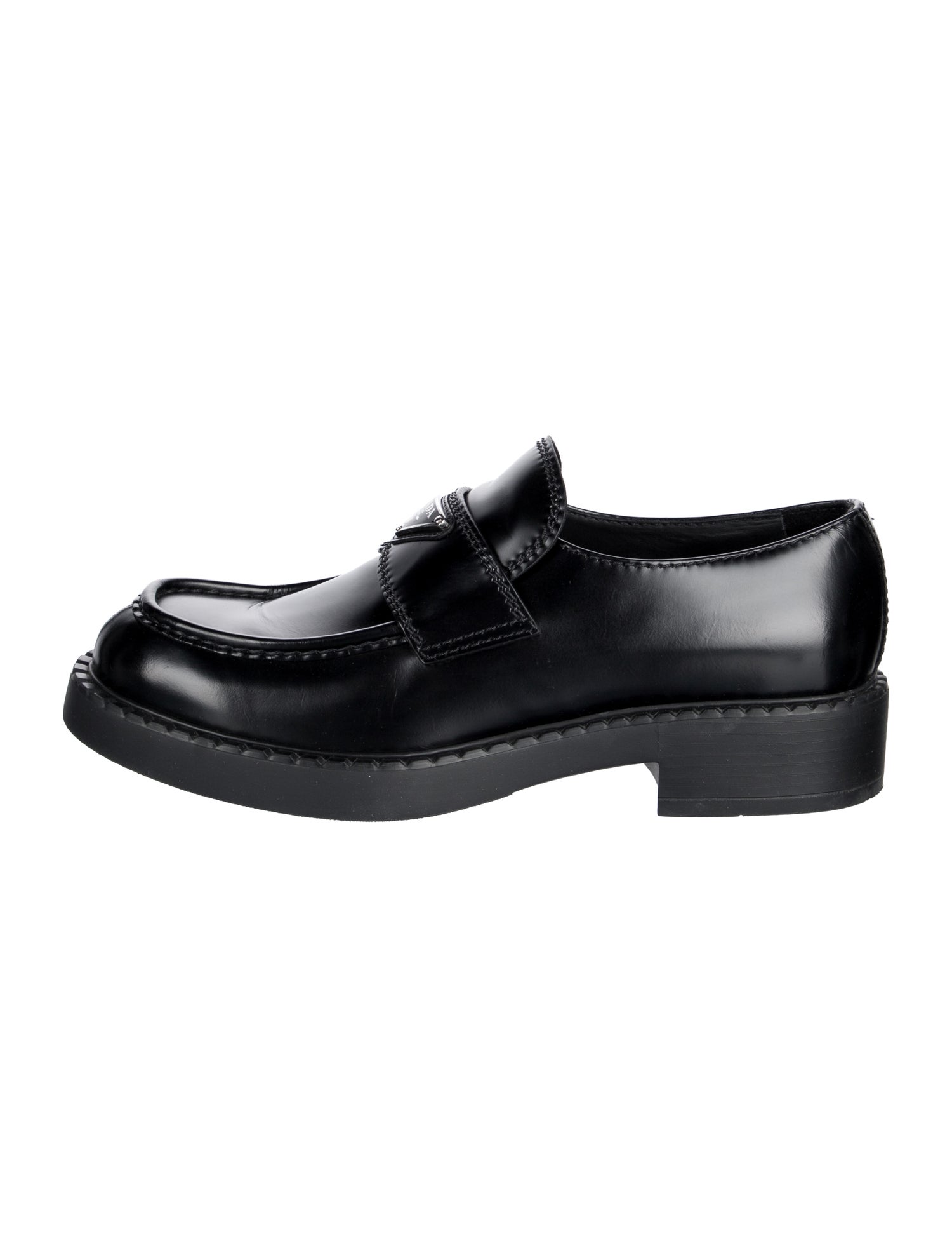Prada Enameled Metal Triangle Leather Dress Loafers