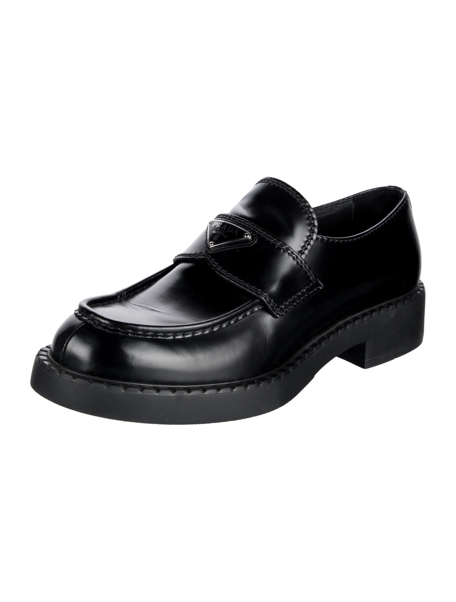 Prada Enameled Metal Triangle Leather Dress Loafers