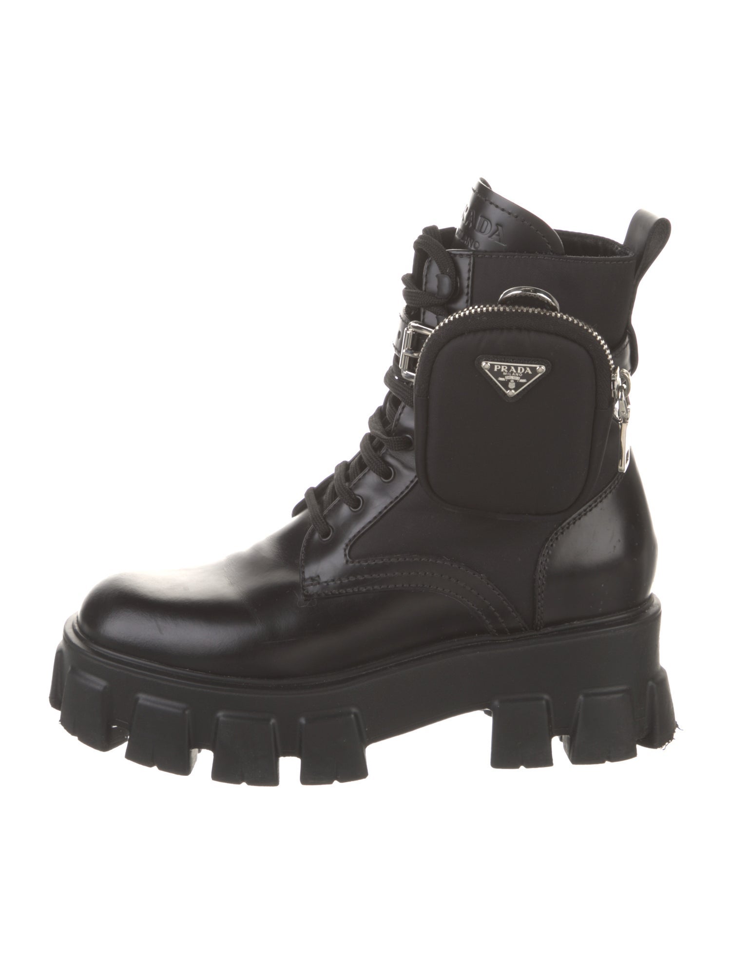 Prada Enameled Metal Triangle Leather Combat Boots