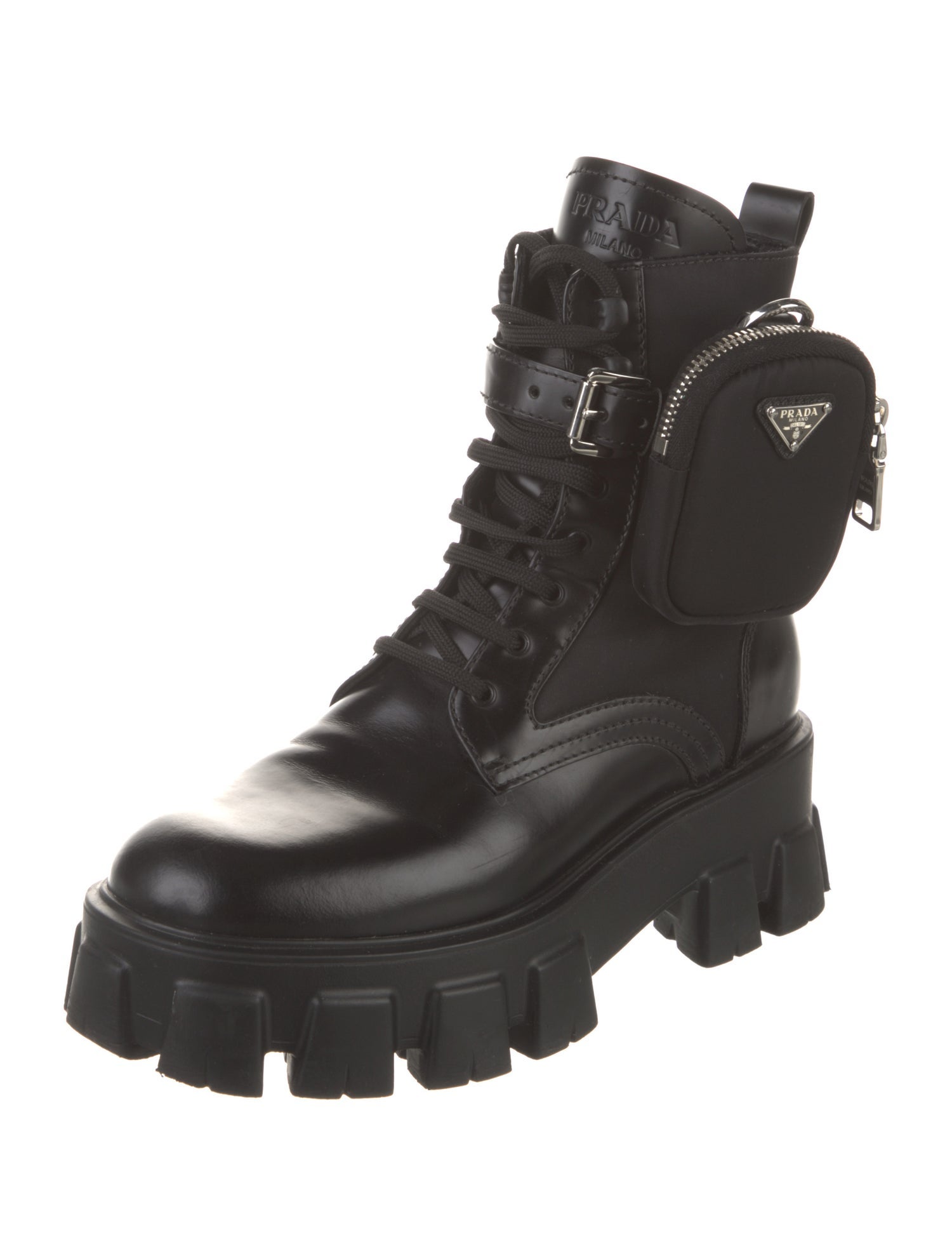 Prada Enameled Metal Triangle Leather Combat Boots