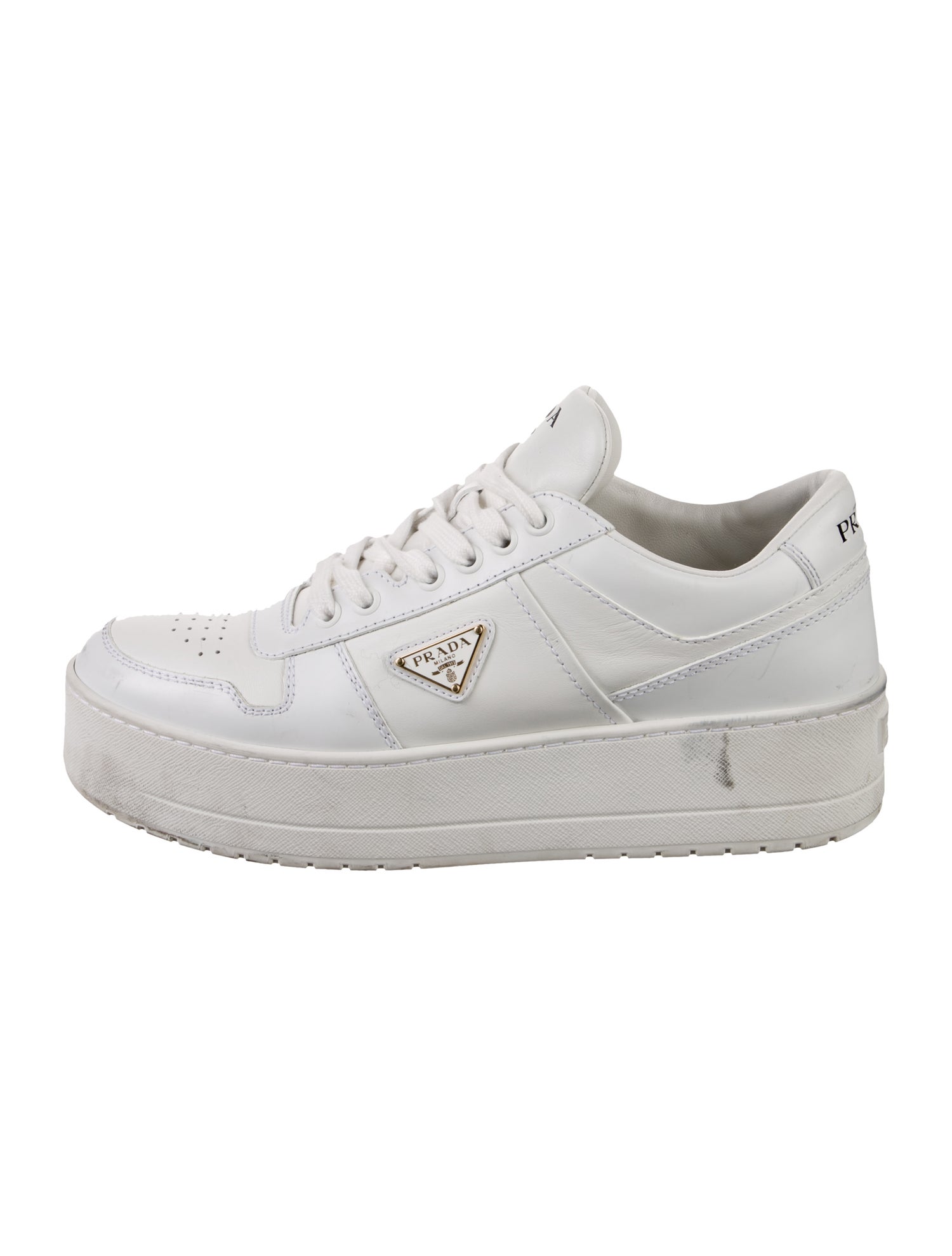 Prada Enameled Metal Triangle Leather Sneakers