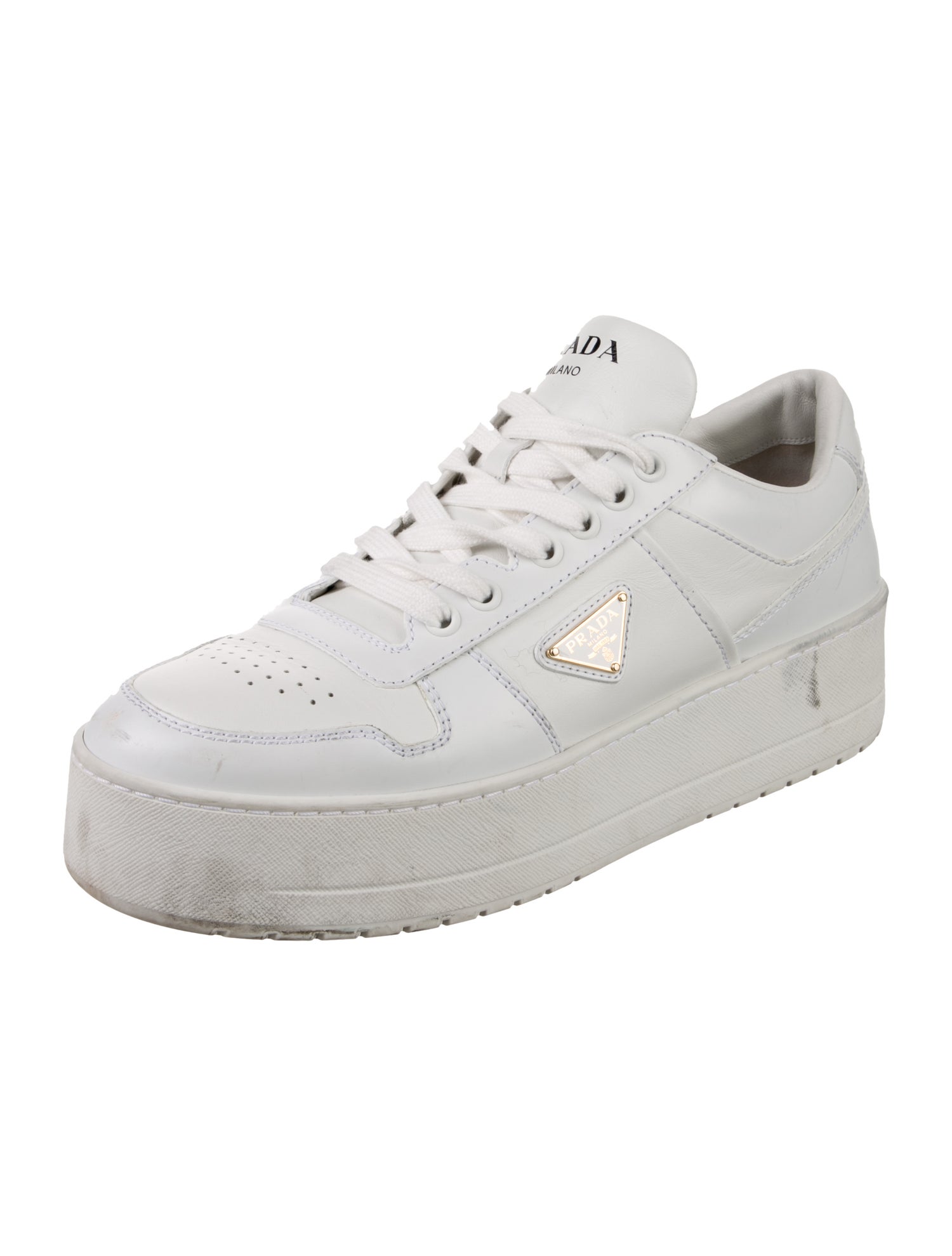 Prada Enameled Metal Triangle Leather Sneakers