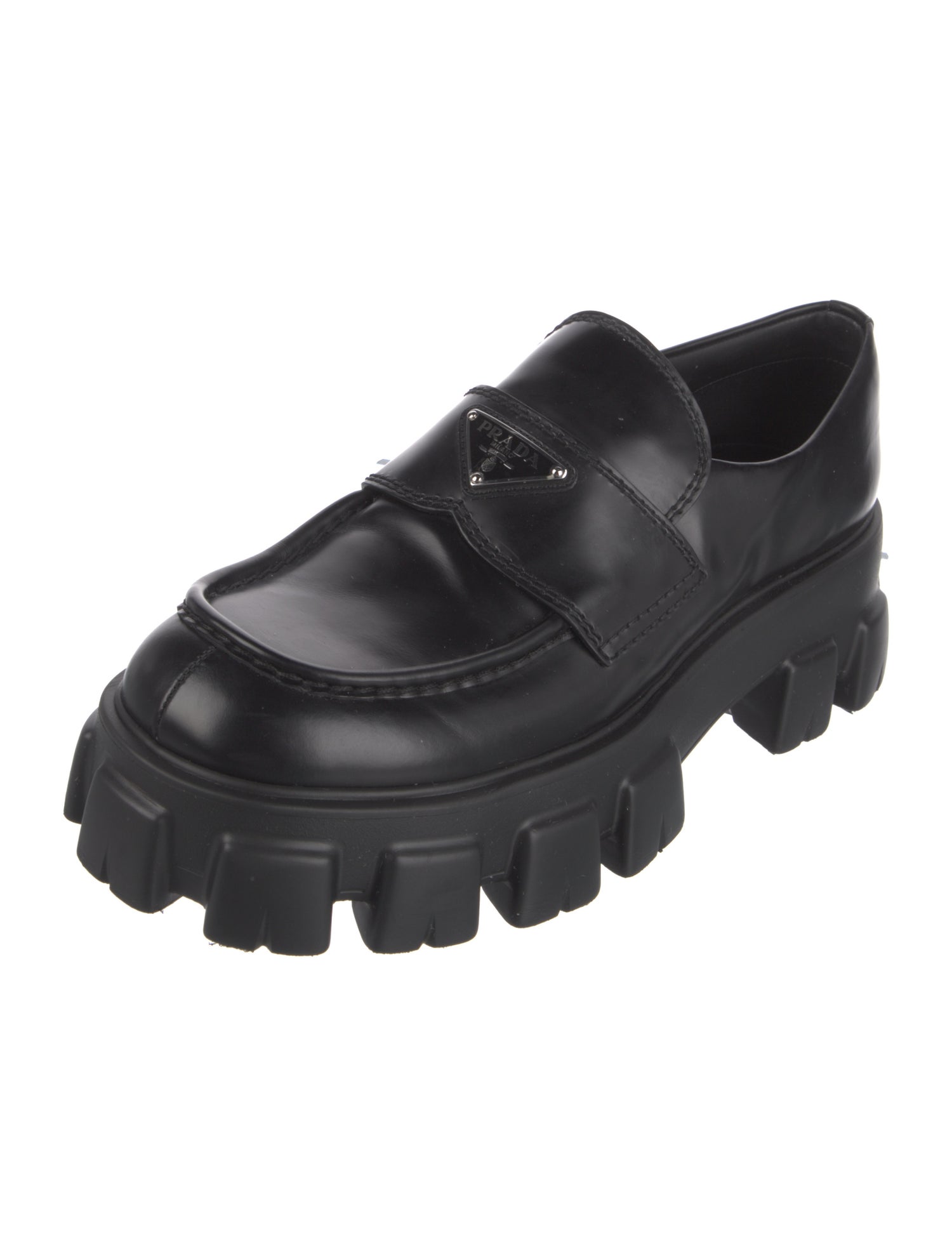 Prada Monolith Enameled Metal Triangle Loafers