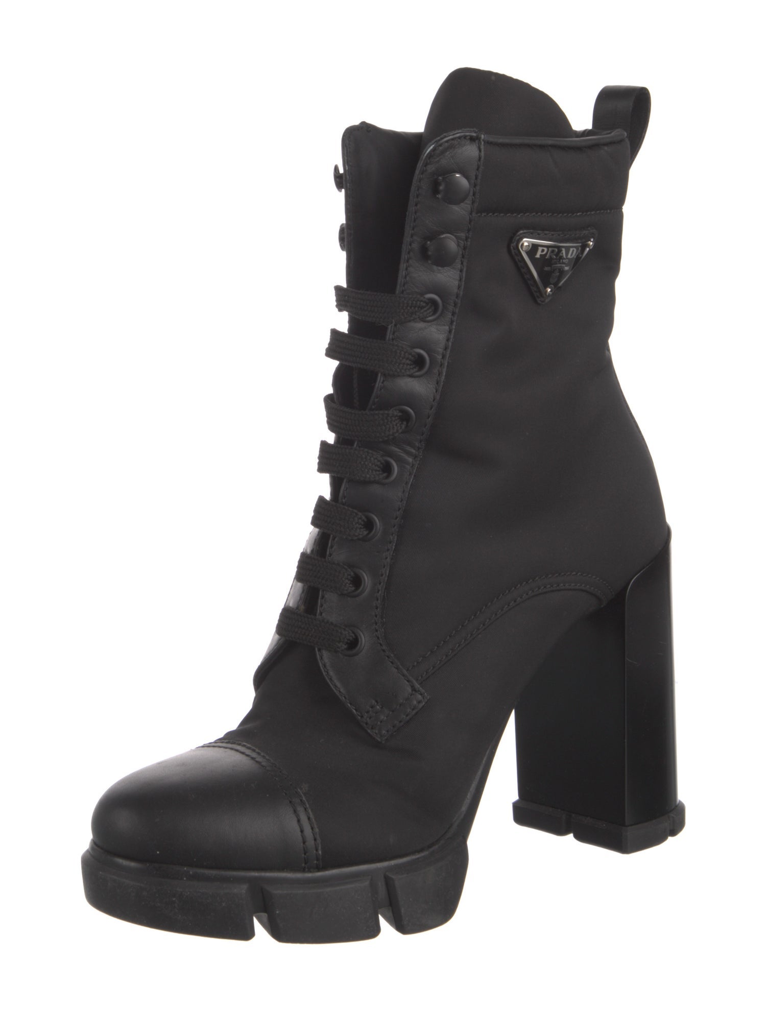 Prada Nylon Leather Trim Embellishment Lace-Up Boots