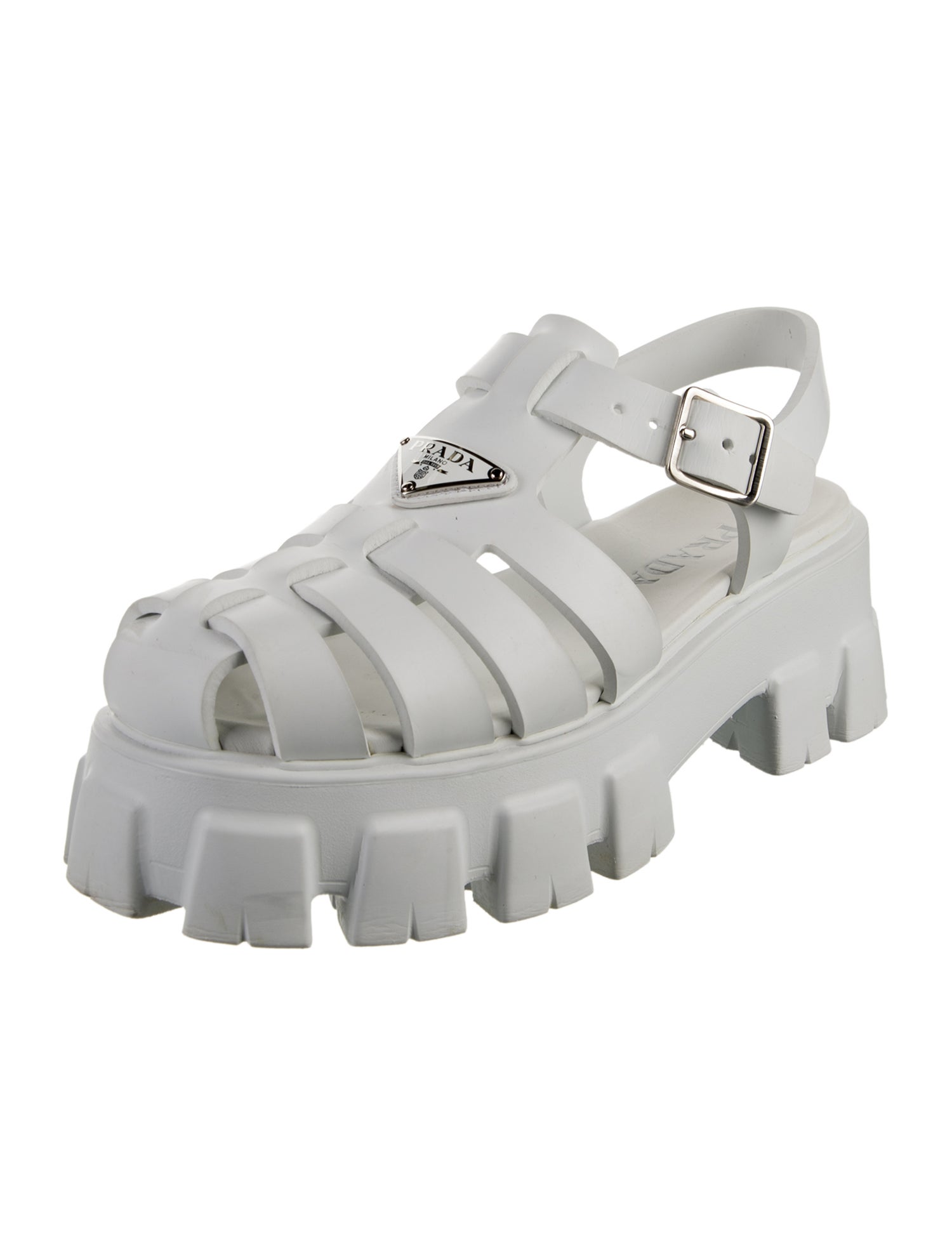 Prada Enameled Metal Triangle Rubber Slingback Sandals