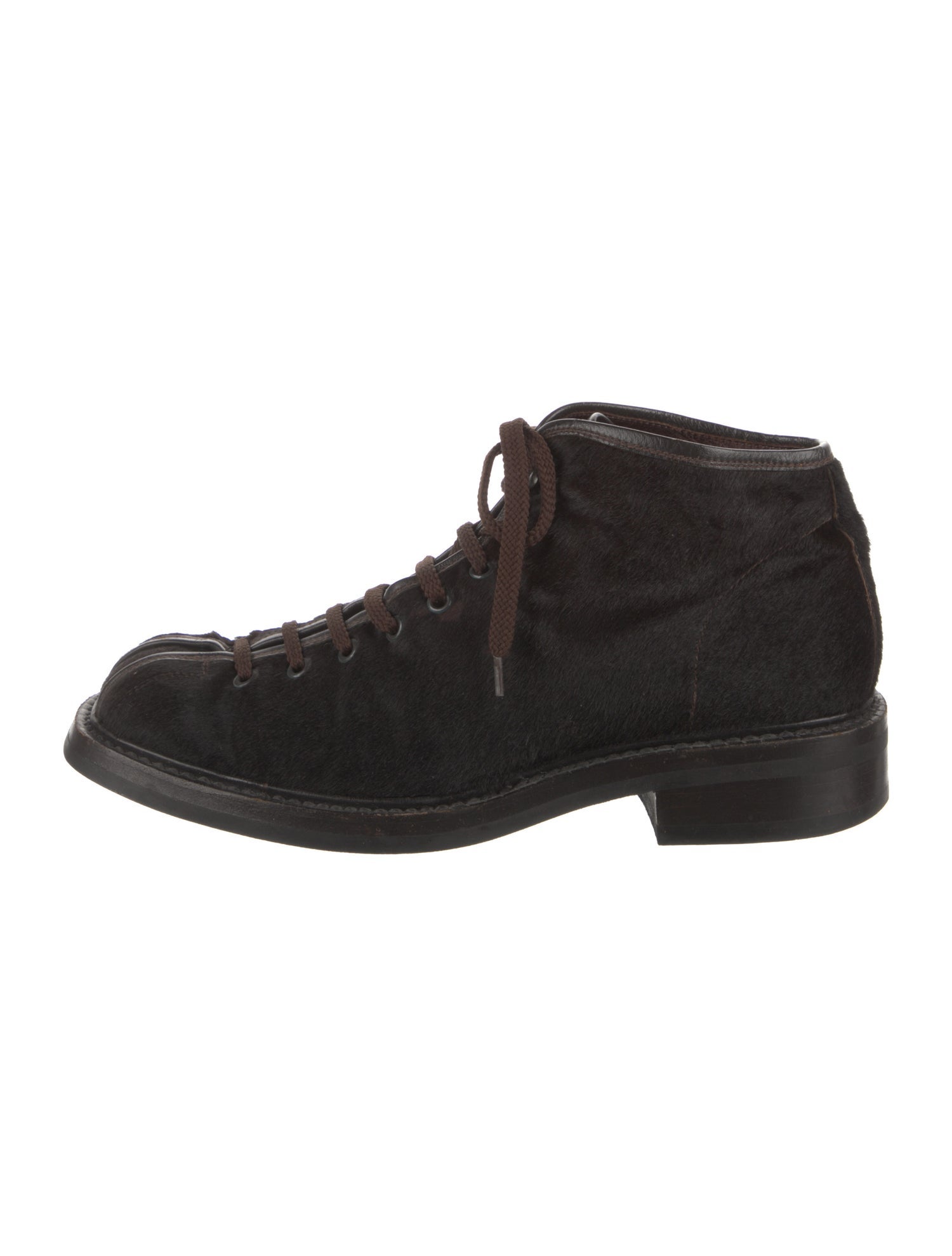 Prada Ponyhair Leather Trim Embellishment Lace-Up Boots
