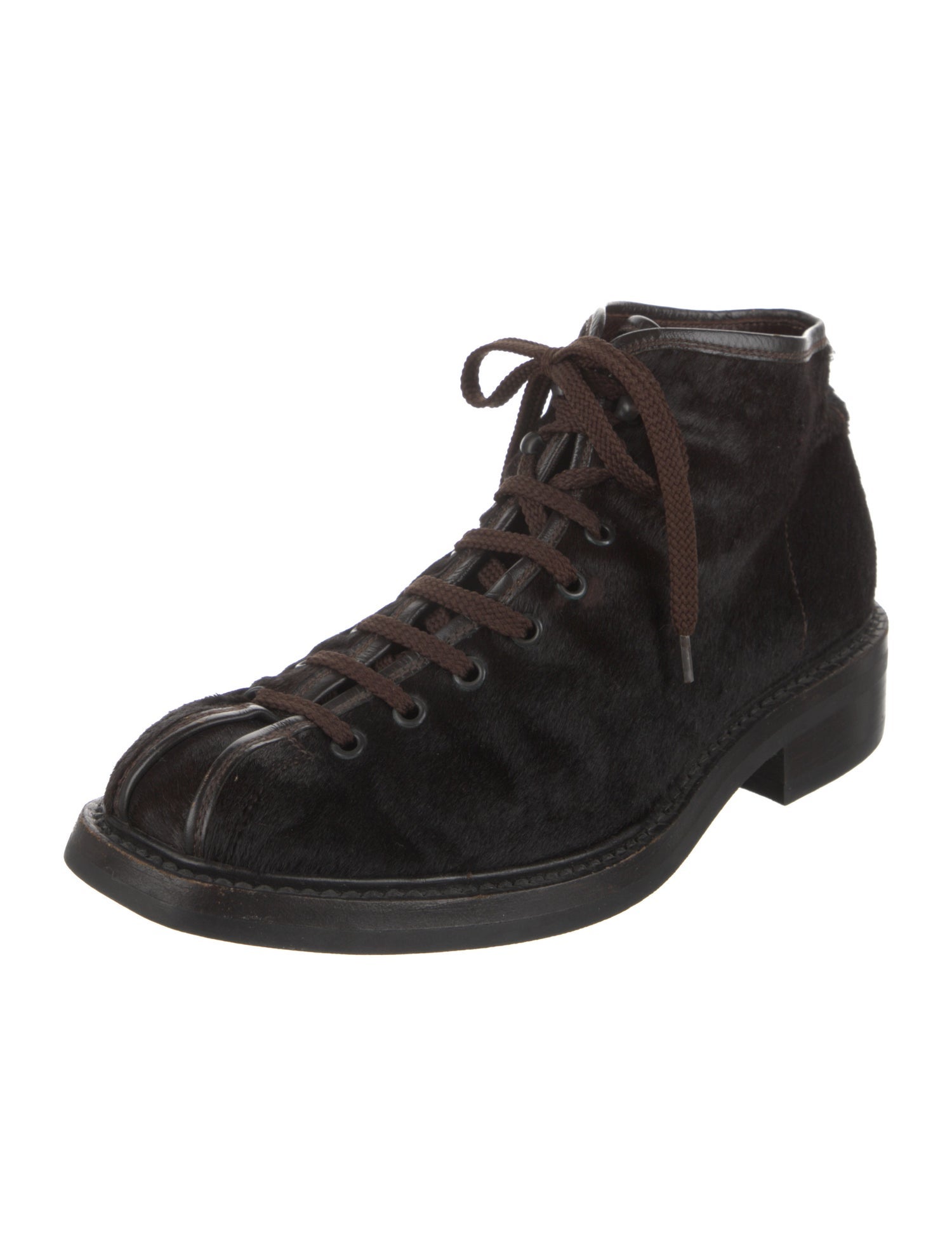 Prada Ponyhair Leather Trim Embellishment Lace-Up Boots