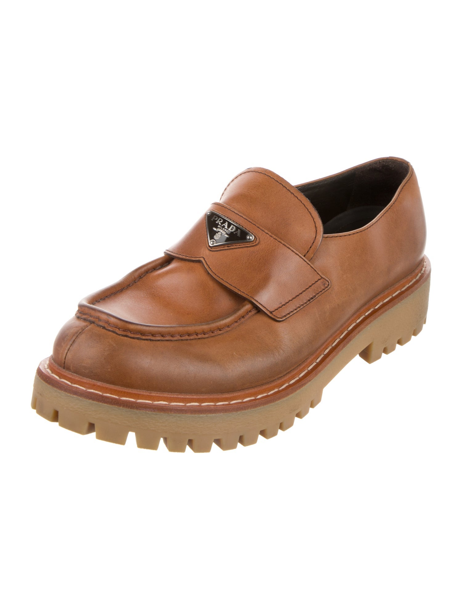Prada Enameled Metal Triangle Leather Loafers