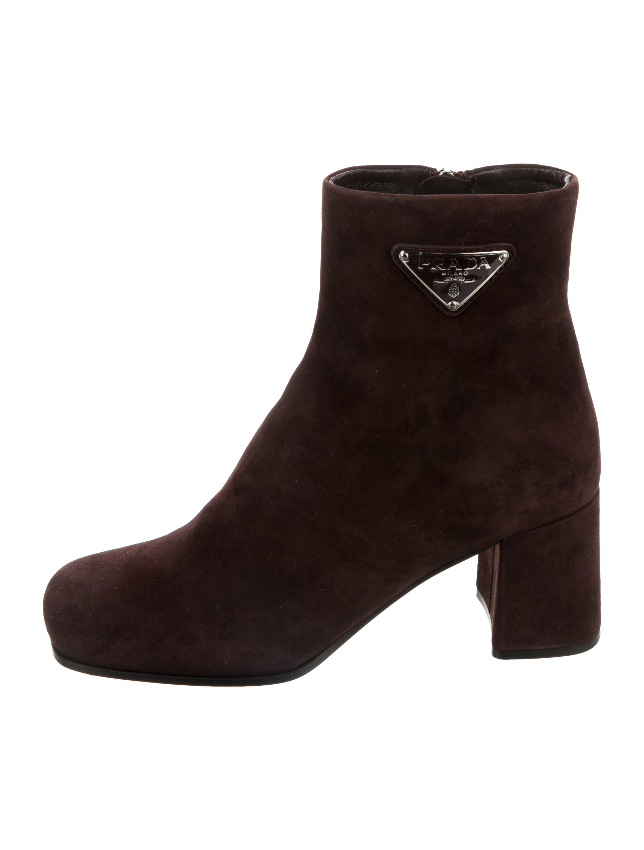 Prada Enameled Metal Triangle Suede Boots