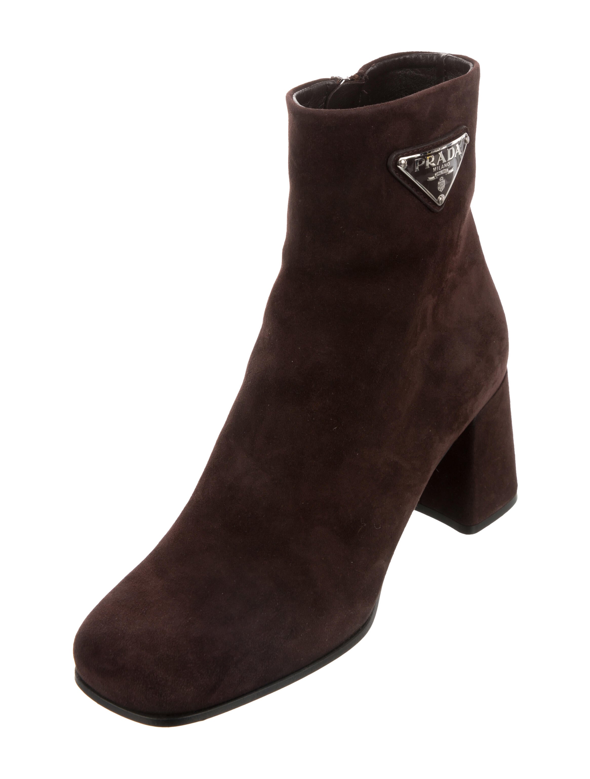 Prada Enameled Metal Triangle Suede Boots