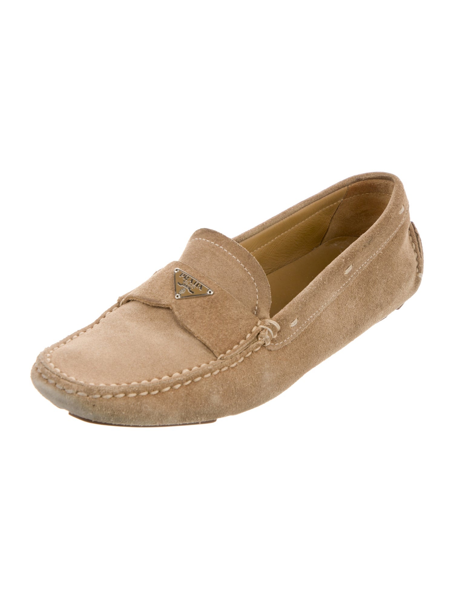 Prada Enameled Metal Triangle Suede Loafers