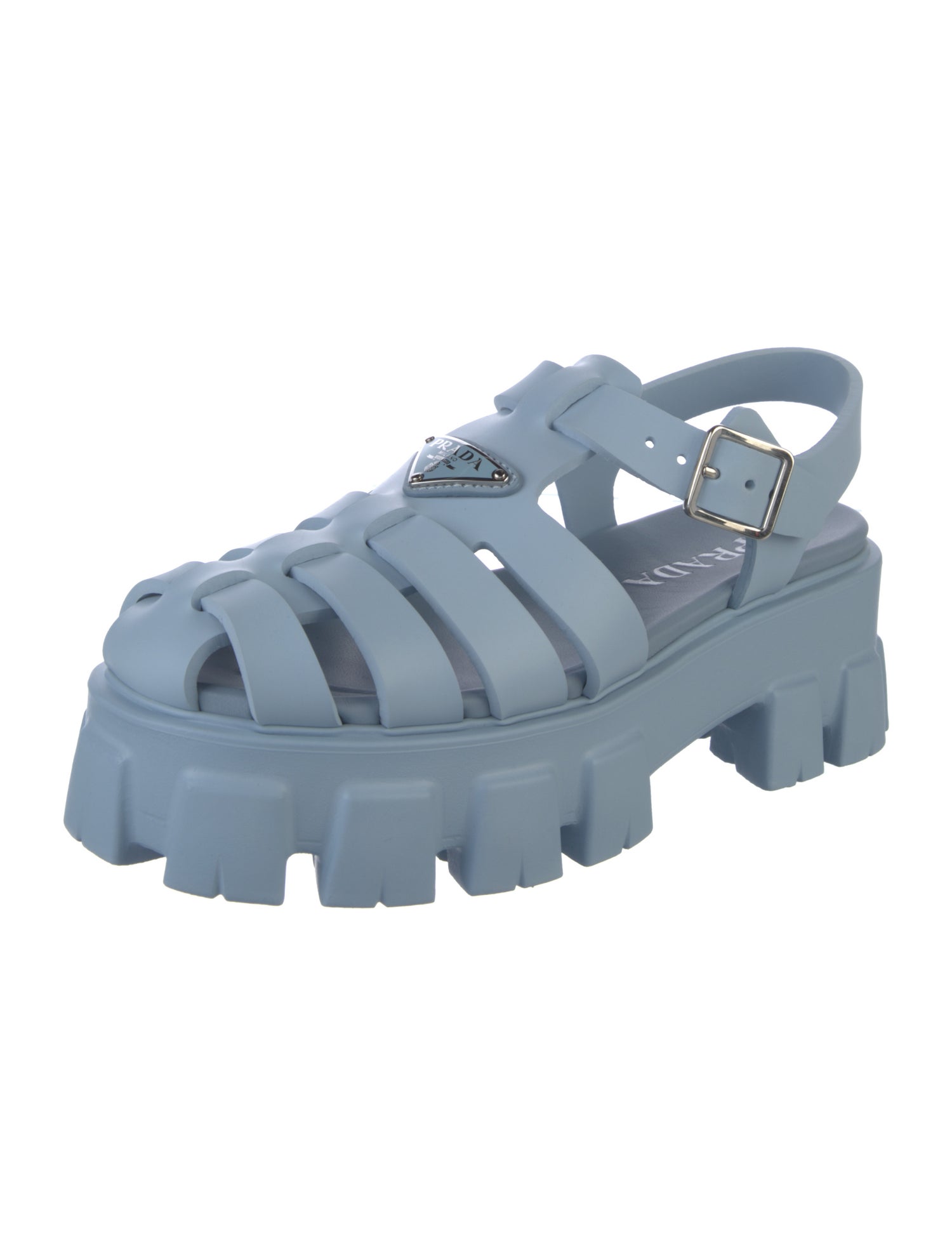 Prada Enameled Metal Triangle Rubber Slingback Sandals