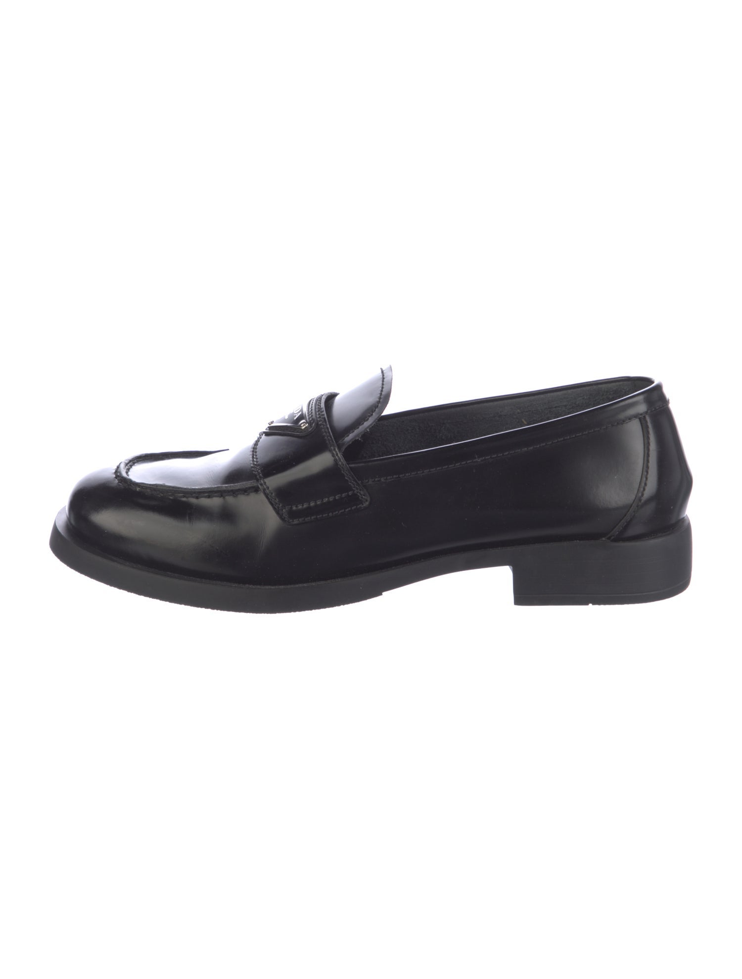 Prada Enameled Metal Triangle Leather Loafers