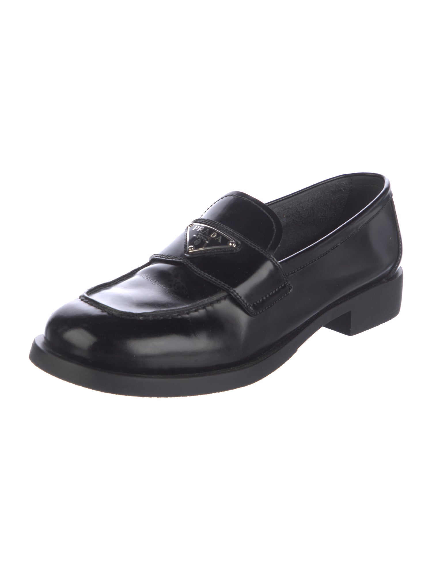 Prada Enameled Metal Triangle Leather Loafers
