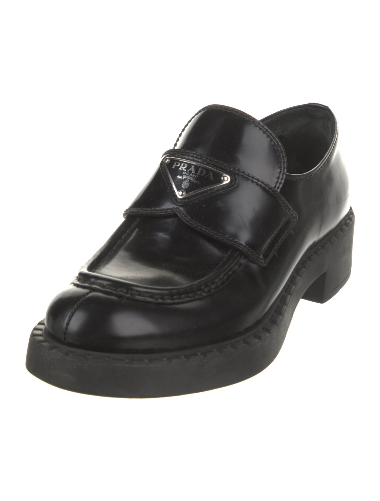 Prada Enameled Metal Triangle Leather Mules