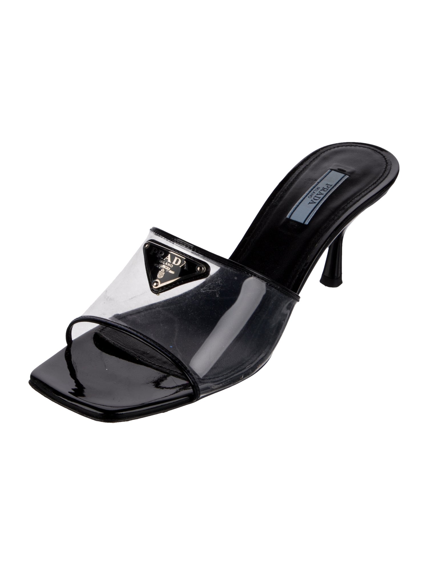 Prada Enameled Metal Triangle Patent Leather Slides