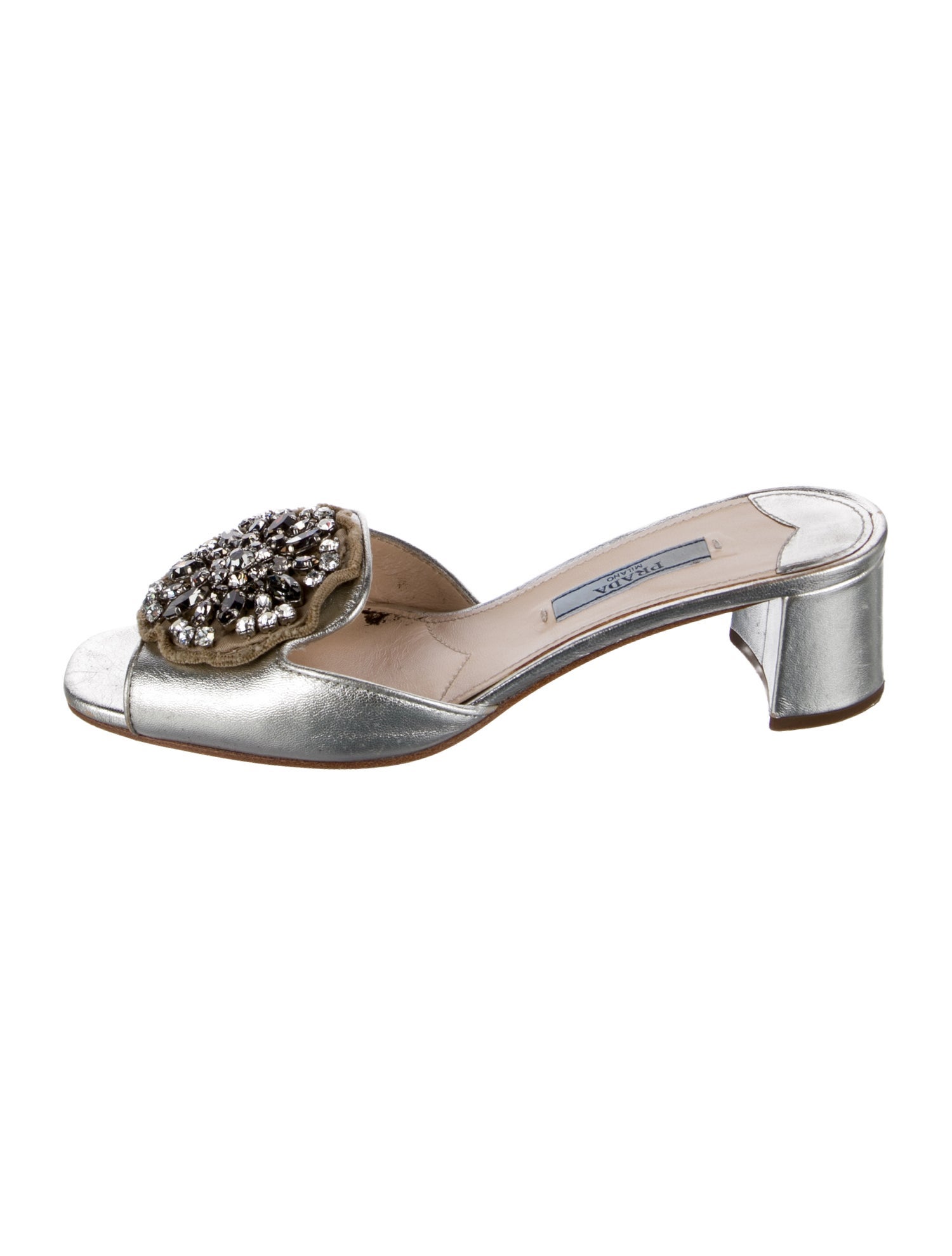 Prada Leather Crystal Embellishments Slides