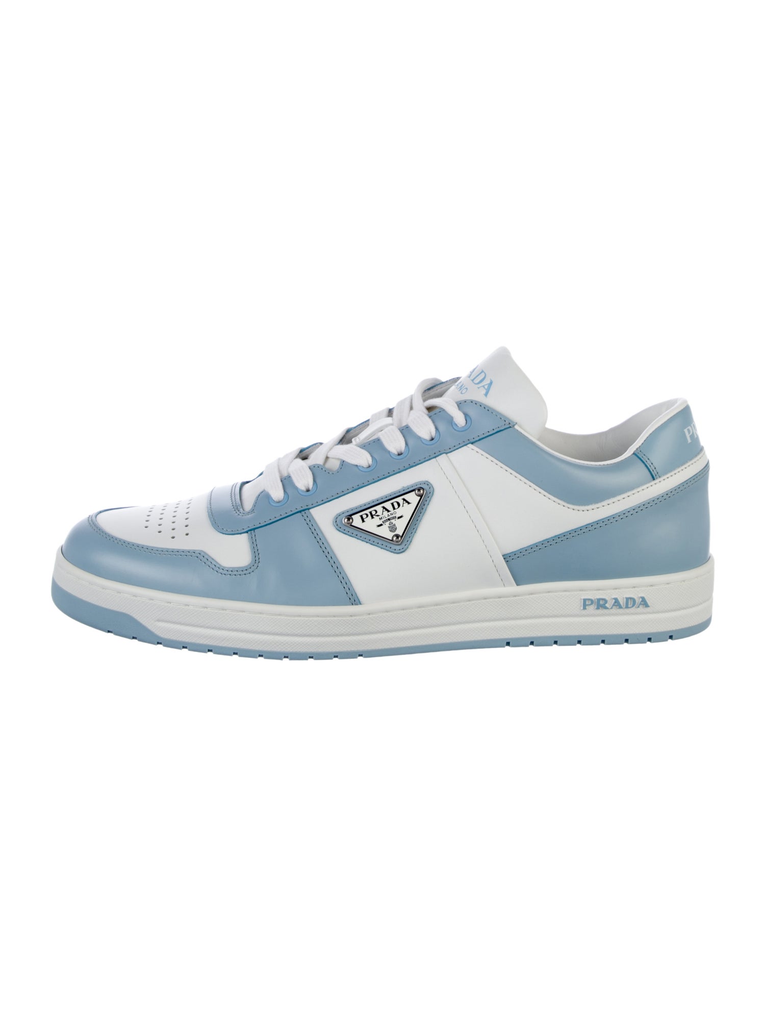 Prada Enameled Metal Triangle Leather Sneakers