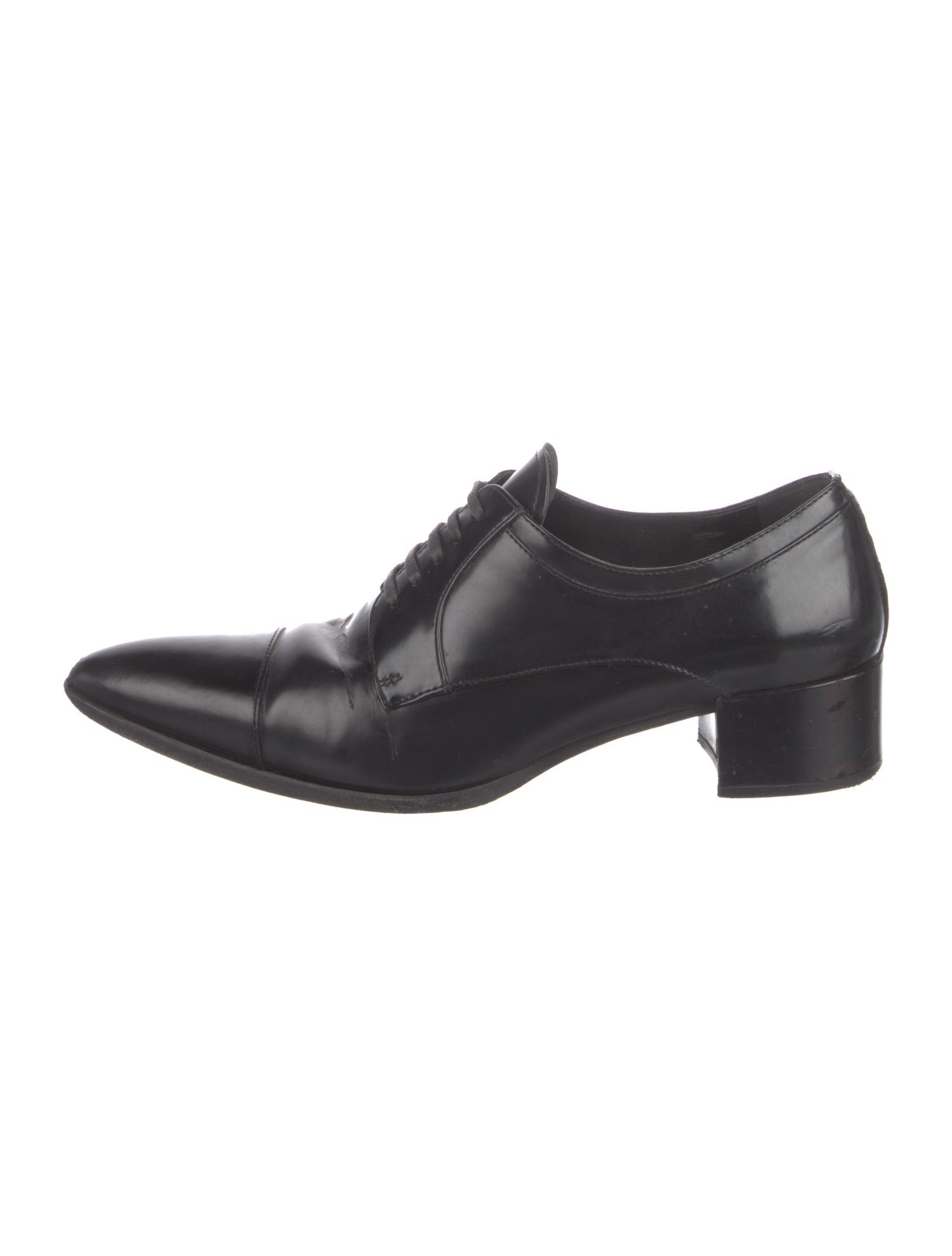 Prada Enameled Metal Triangle Leather Oxfords