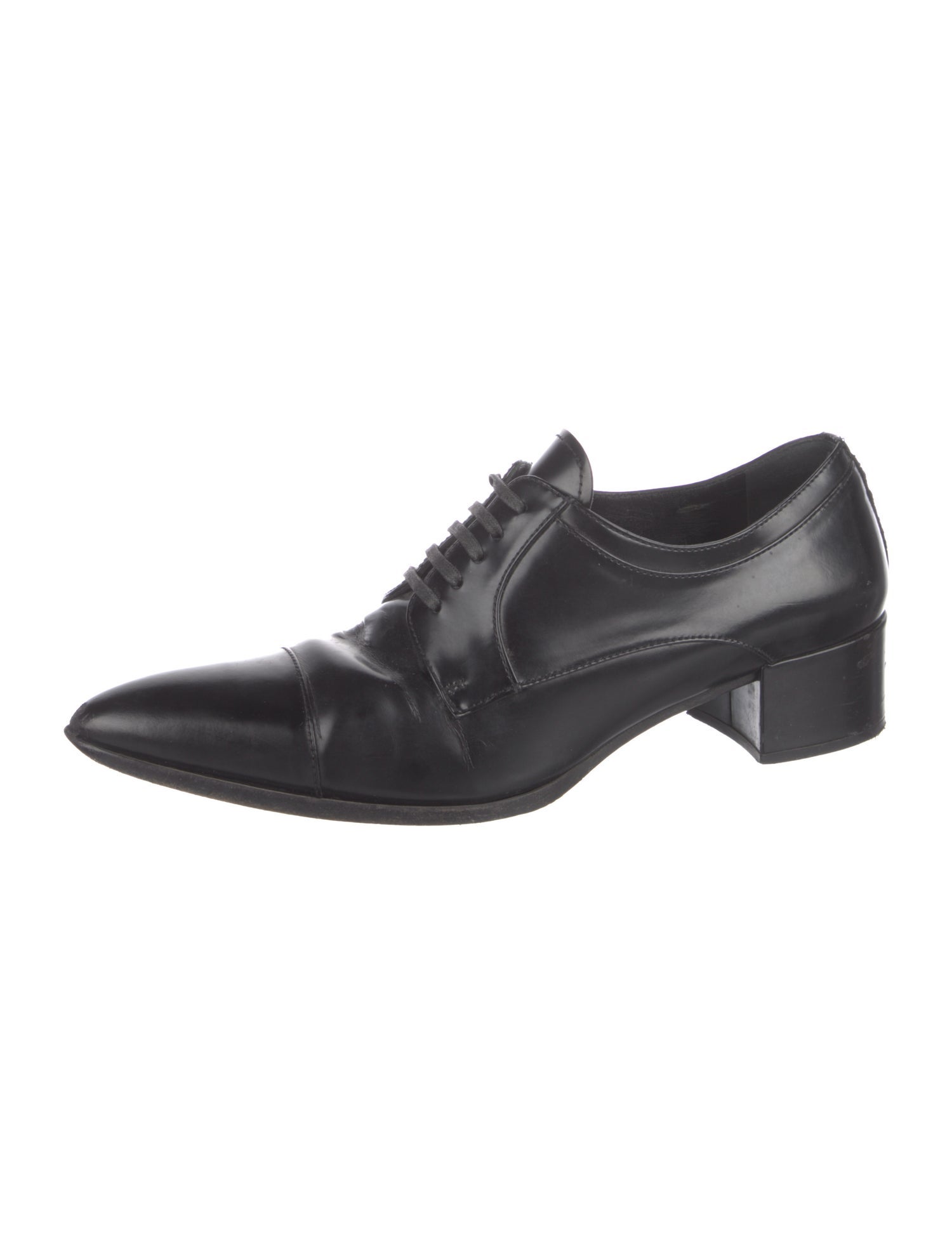 Prada Enameled Metal Triangle Leather Oxfords