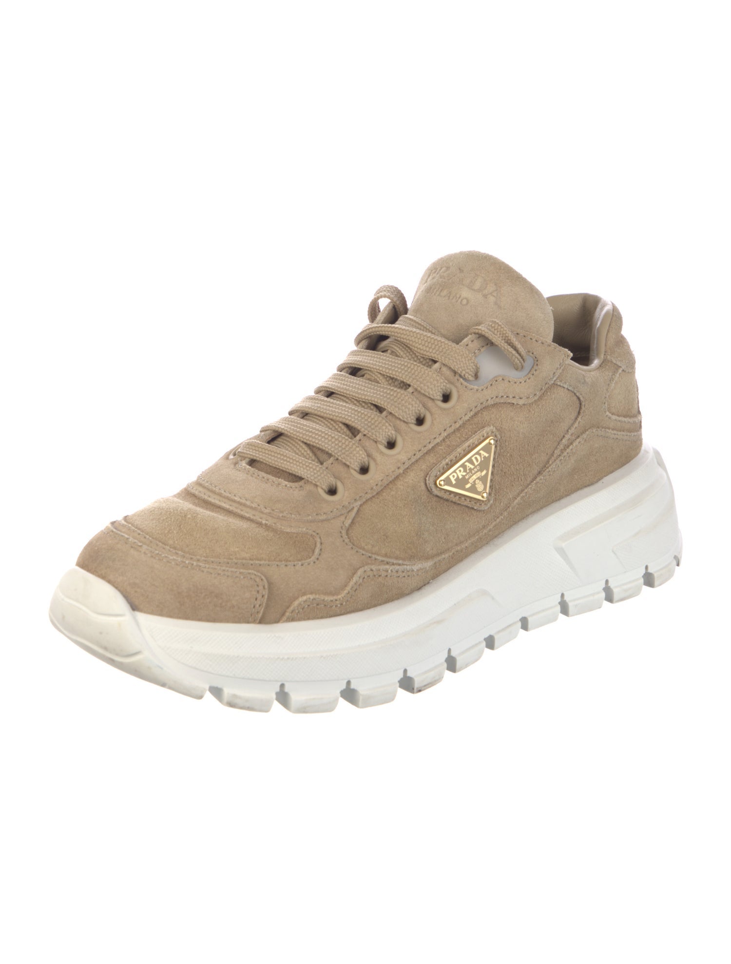 Prada Enameled Metal Triangle Suede Sneakers