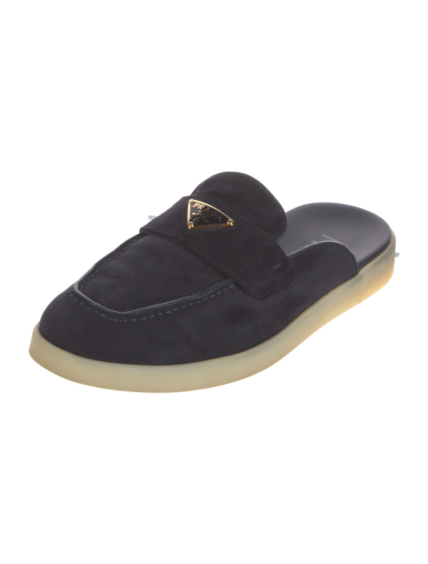 Prada Enameled Metal Triangle Suede Mules