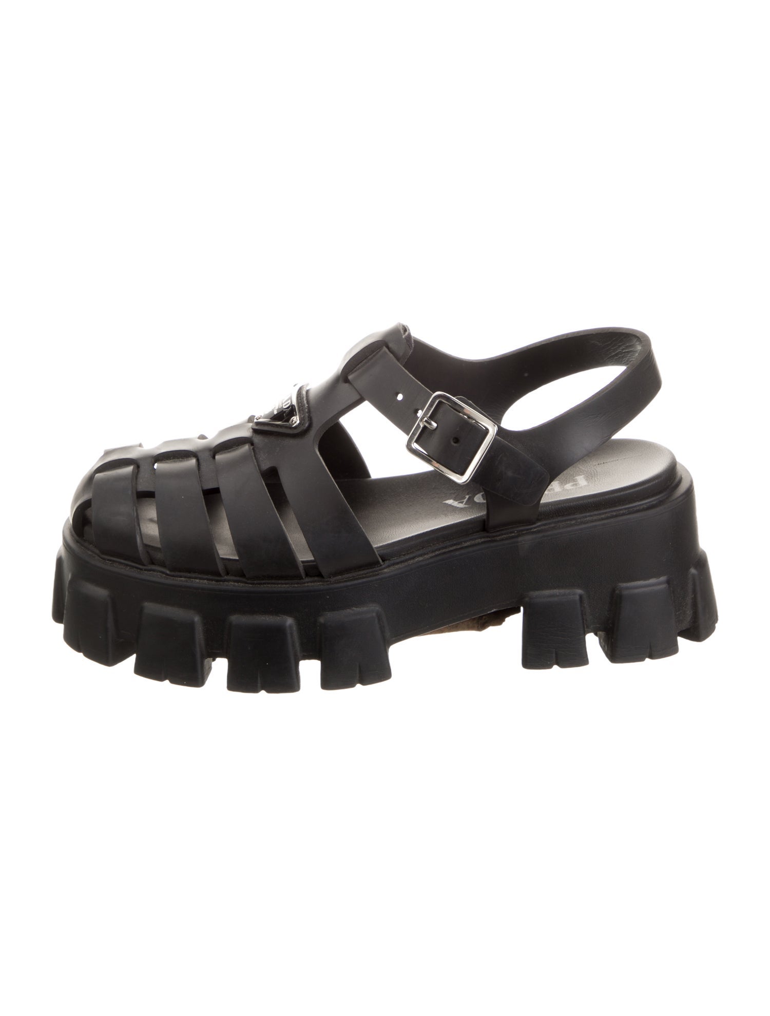 Prada Enameled Metal Triangle Rubber T-Strap Pumps