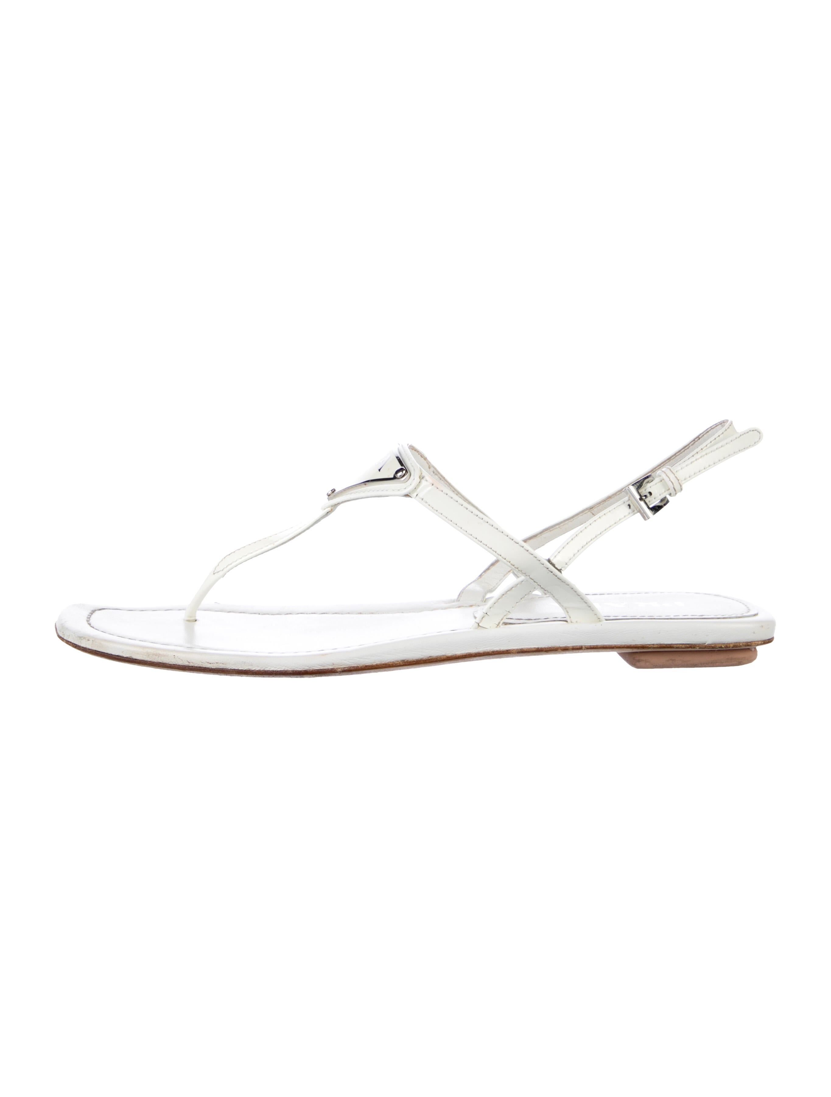 Prada Enameled Metal Triangle Leather T-Strap Sandals