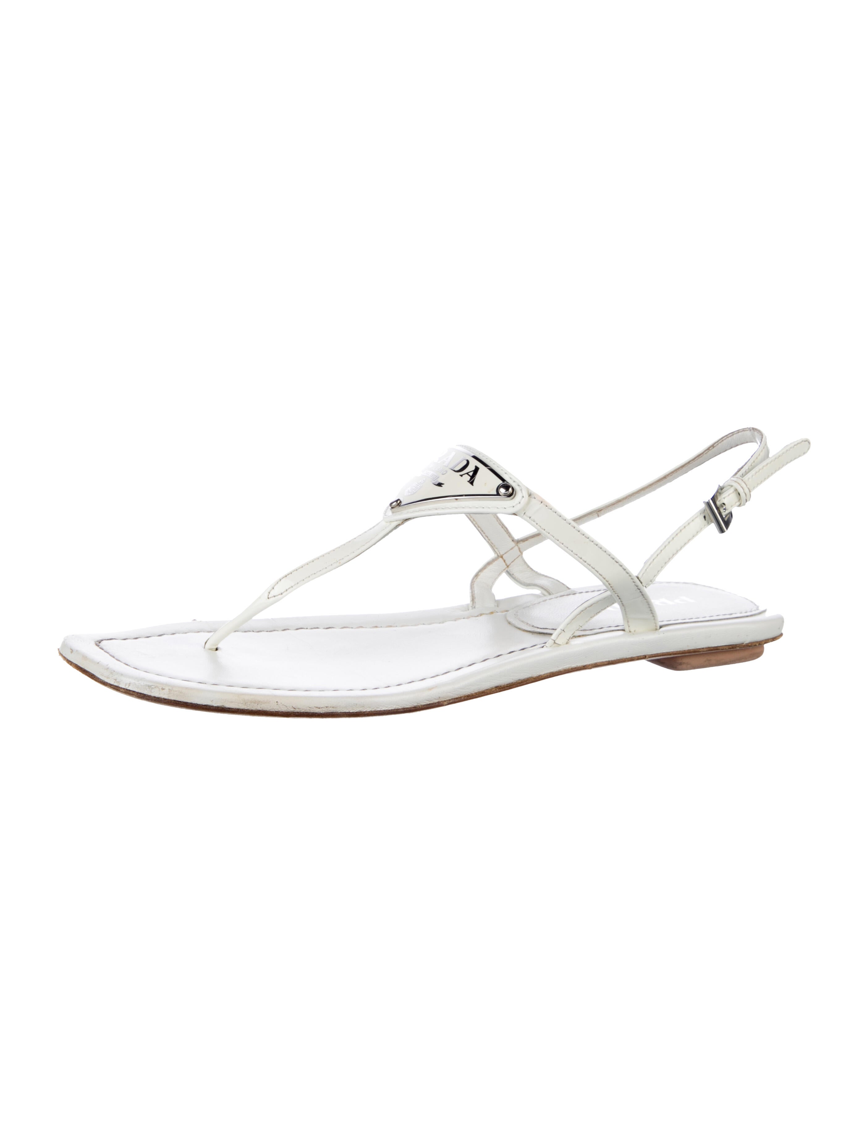 Prada Enameled Metal Triangle Leather T-Strap Sandals